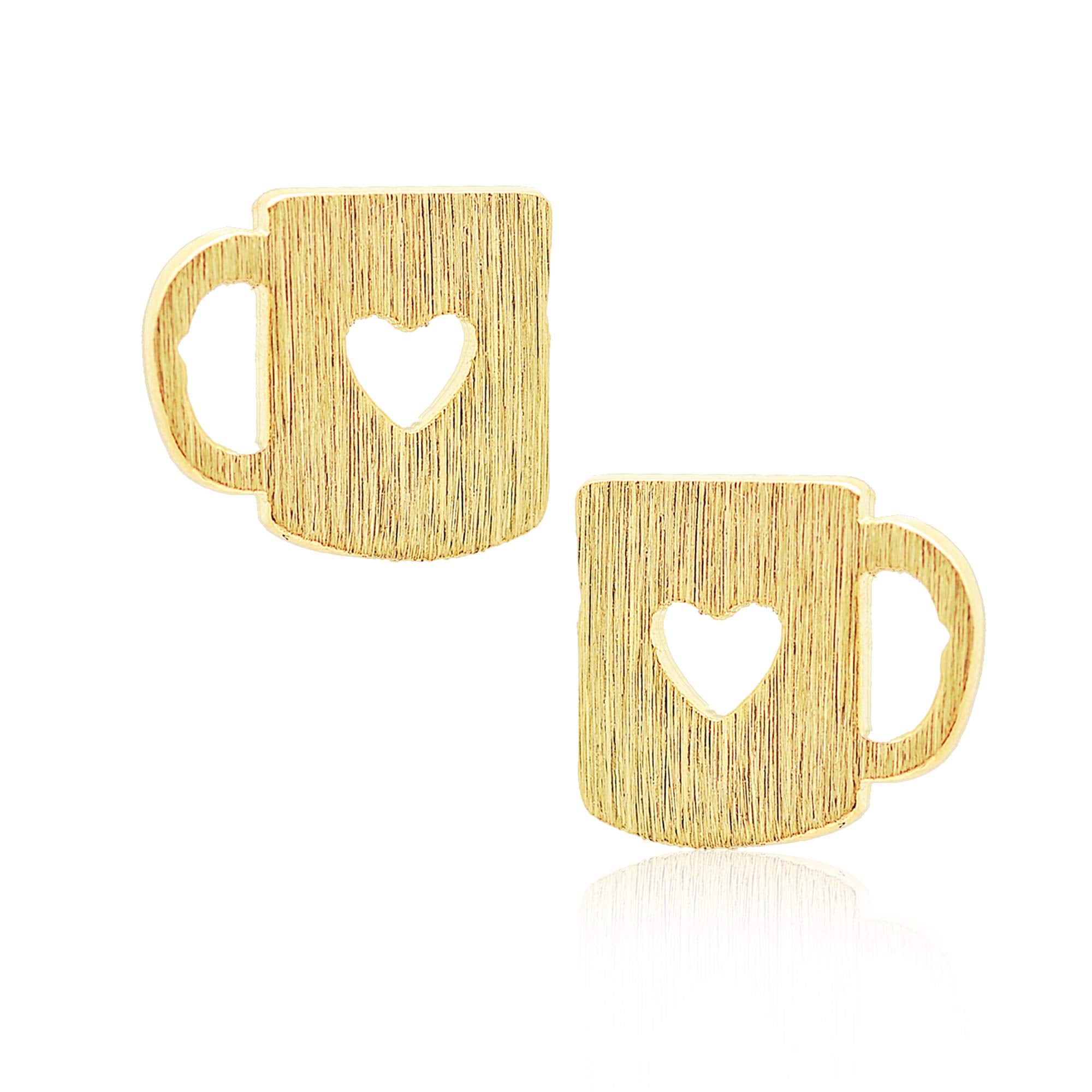 Spinningdaisy Handcrafted Brushed Metal Heart Coffee Mug Earrings Gold