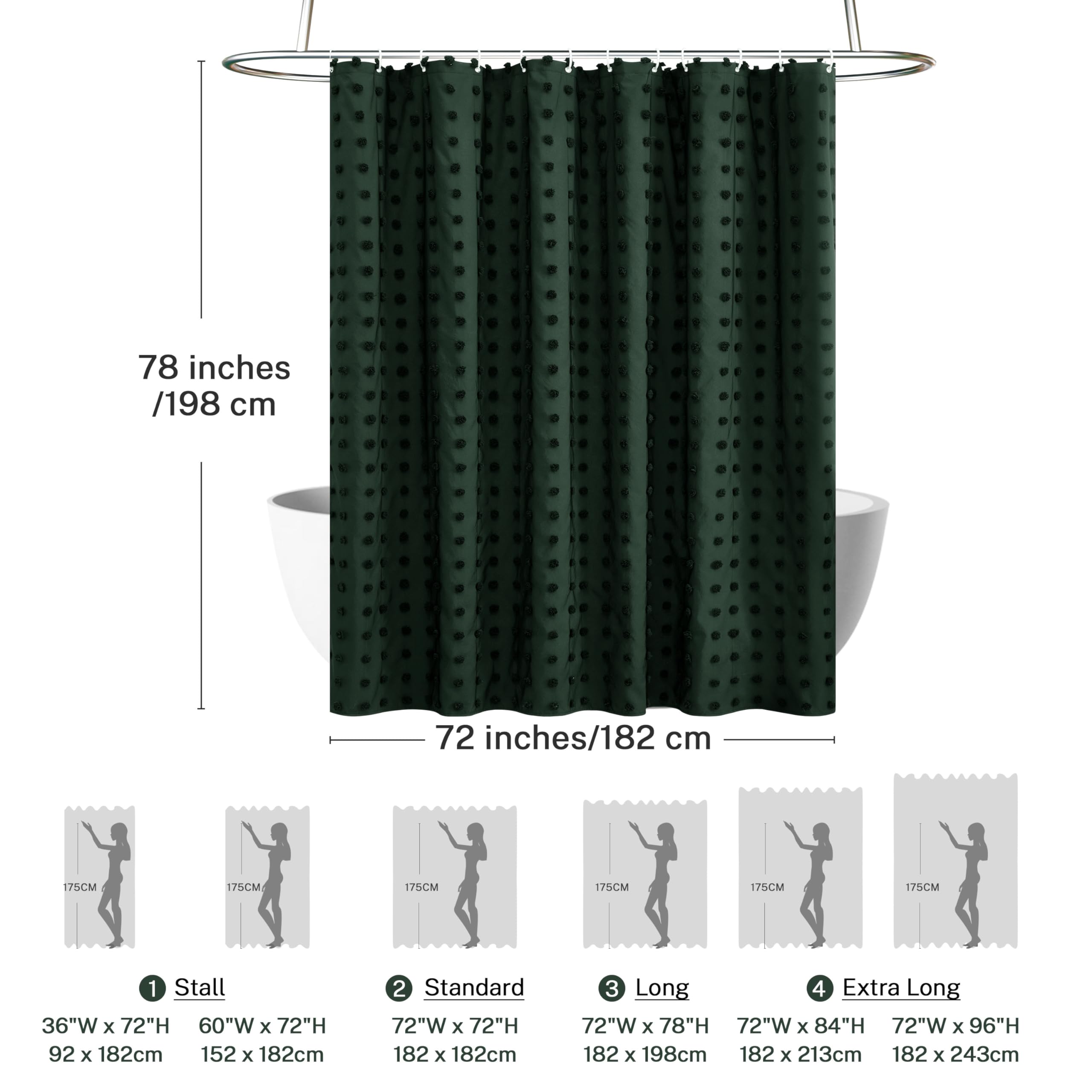 Extra Long Boho Farmhouse Shower Curtain Woven Fabric Dark Green Shower Curtain, 72 X 78 Tufted Pleat Floral Puffs Textured Mode