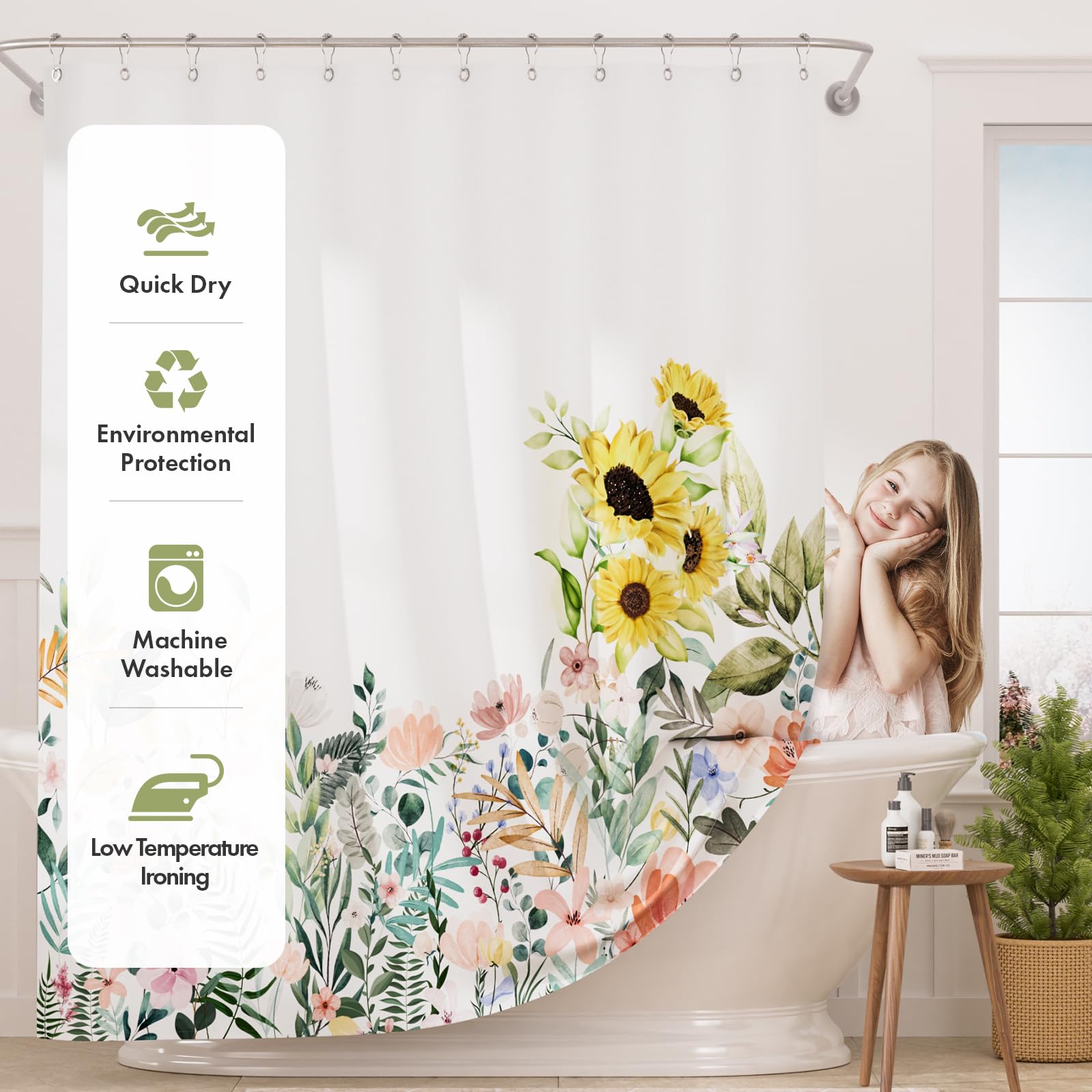 AmazerBath Floral Shower Curtain  Cloth Fall Flower Shower Curtains for Bathroom Decor  Rustic Washable Sunflower Eucalyptus and Leaves Fabric Shower Curtain Sets with 12 Metal Hooks  72x72 Inches