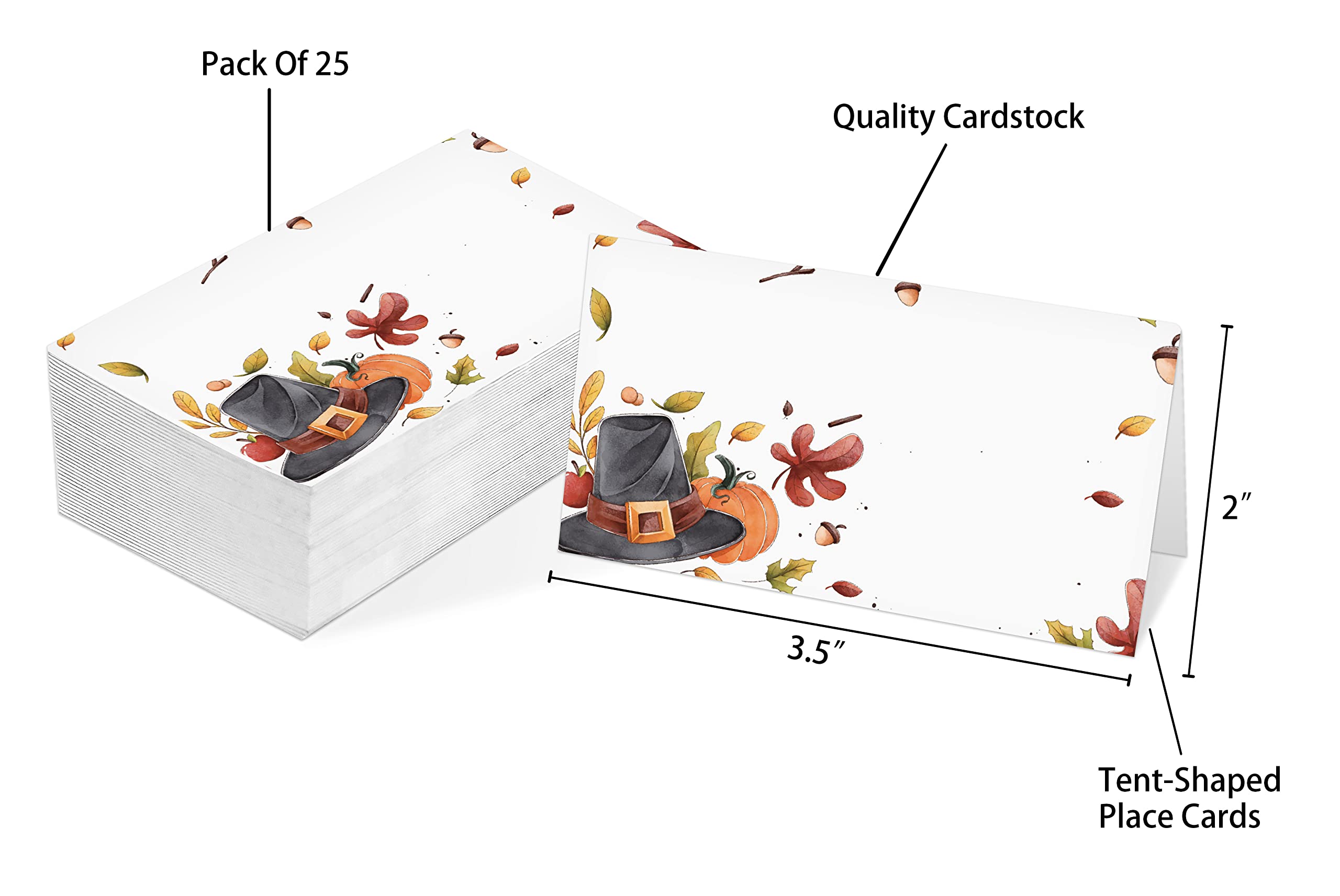 Table Place Card, Fall Thanksgiving Themed Tent Style Cards, Pack Of 25 Half-Fold Reception Place Card With Top Hat And Pumpkin,