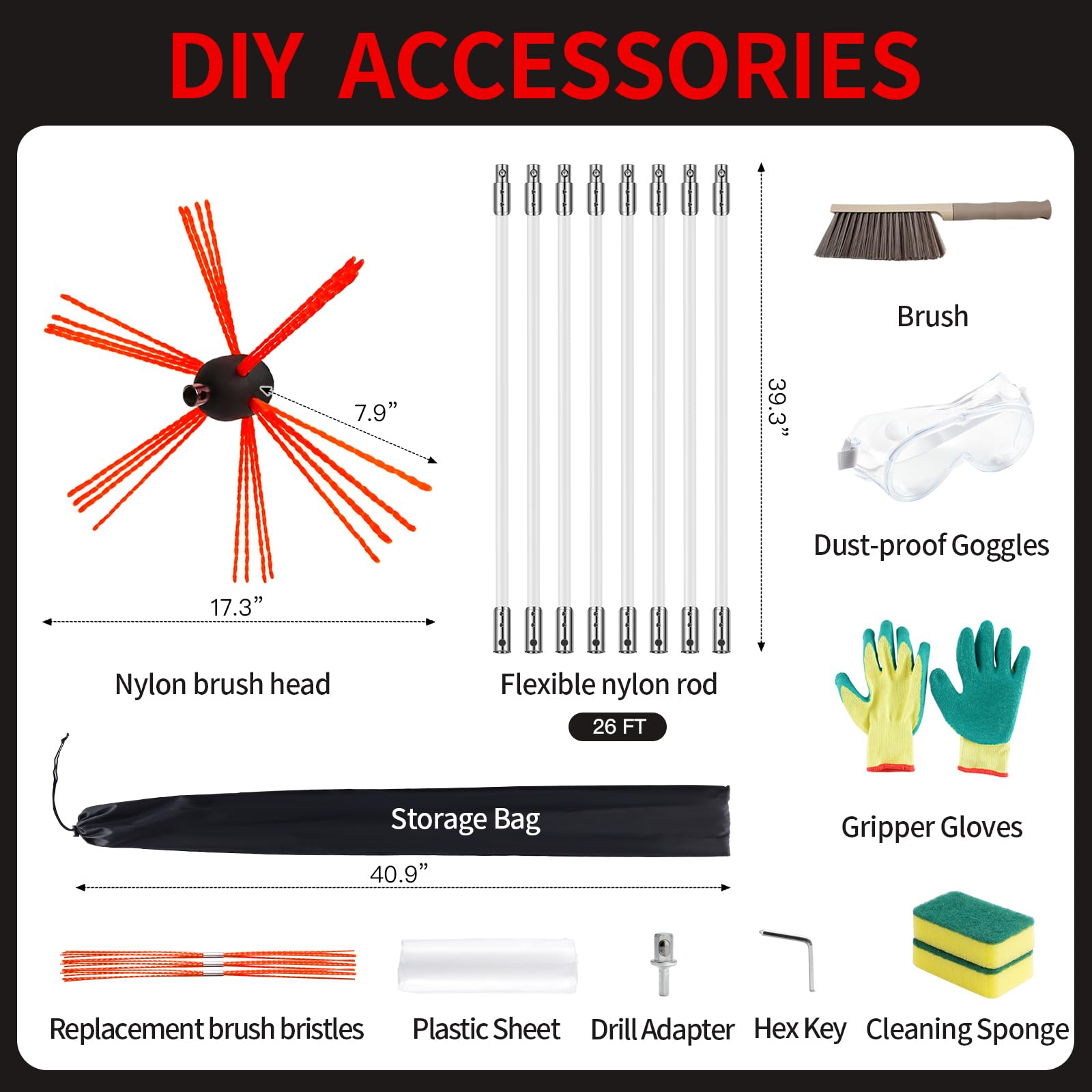 Morinoli 26 Feet Chimney Sweep Kit, Chrome Button Locking System, Chimney Cleaning Kit, Chimney Brush, Chimney Cleaning Tool, Ch