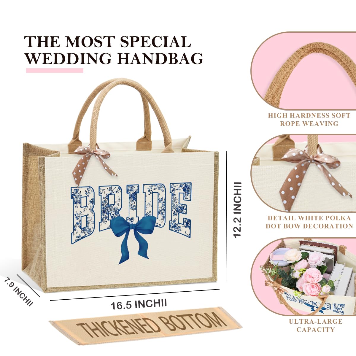 KongMoTree Bride Bag, Bride Gifts, Bridal Shower Gifts, Blue Bows Canvas Tote Bag Wedding Bachelorette Bride Gift Bridesmaid Tot
