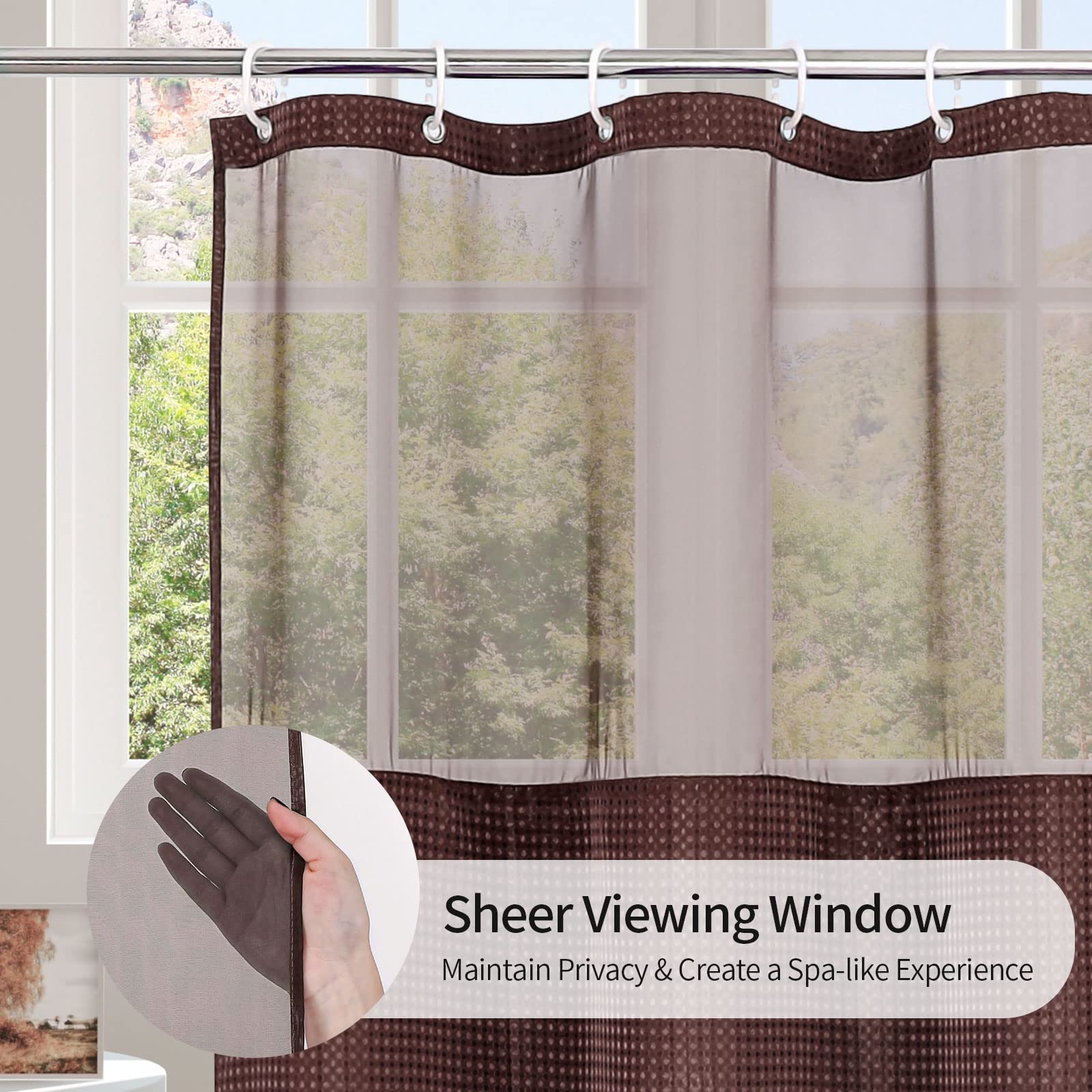 MitoVilla Brown Waffle Shower Curtain Set with Snap-in Liner  Modern Waffle Weave Heavyweight Fabric Shower Curtain for Luxury Neutral Hotel & Spa Bathroom Decor  72 x 72