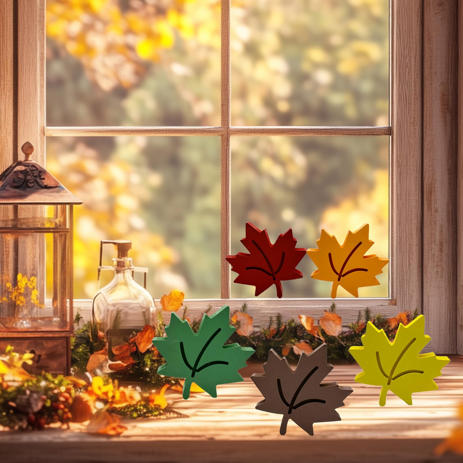 5 Pcs Wooden Maple Leaf Ornaments Autumn Leaves Red Orange Yellow Green Brown Harvest Sign for Farmhouse Thanksgiving Home Offic