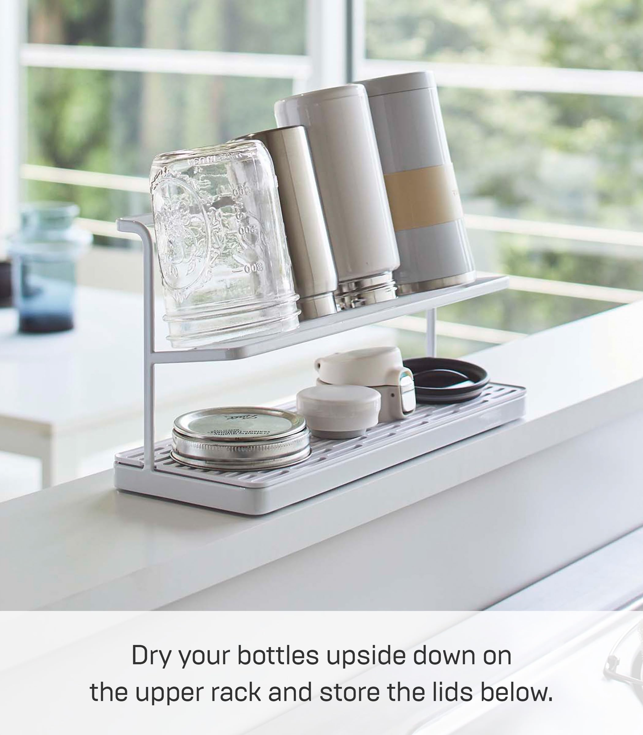 YAMAZAKI Home Countertop Two Tier Bottle Drying Rack, Wide Jug Storage Stand with Drainage Tray for Kitchen Counter for Glass Me