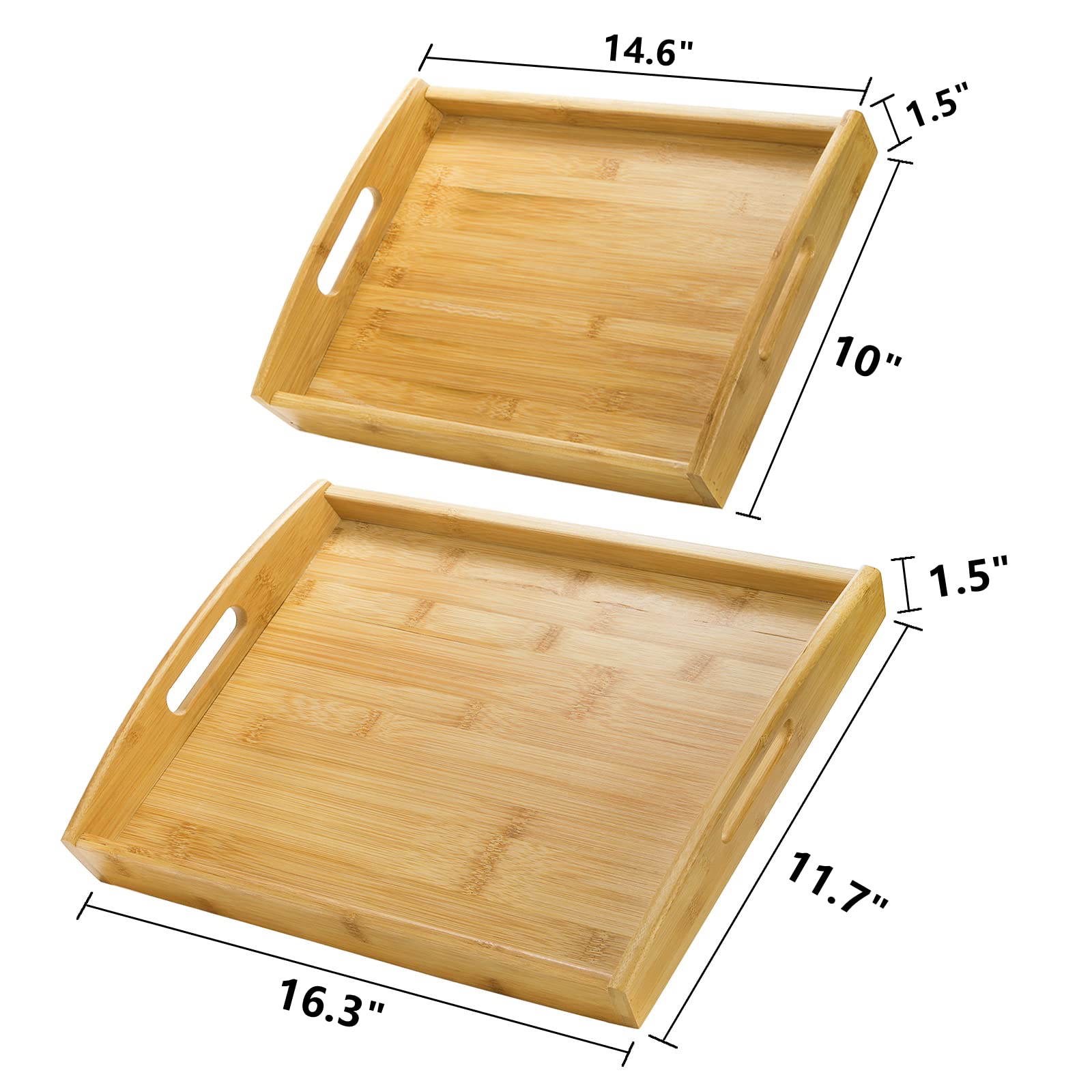 Peohud 4 Pack Bamboo Serving Trays With Handles, Rectangular Kitchen Food Tray For Eating, Dinner Trays For Eating On Couch, Woo