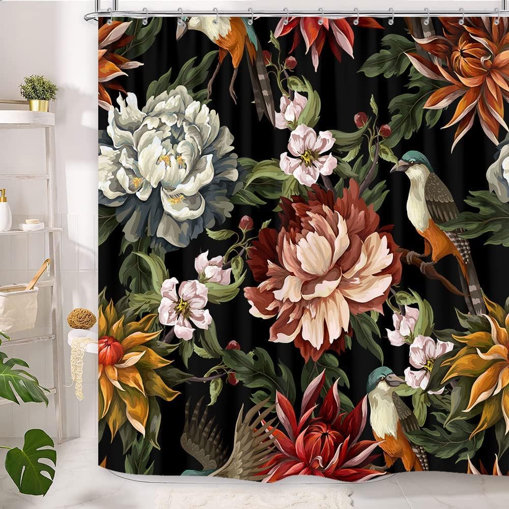 Goaok Black Boho Floral Shower Curtain, Bright Abstract Bohemian Tropical Leaves Plant Flower Botanical Bird Shower Curtain, Mod