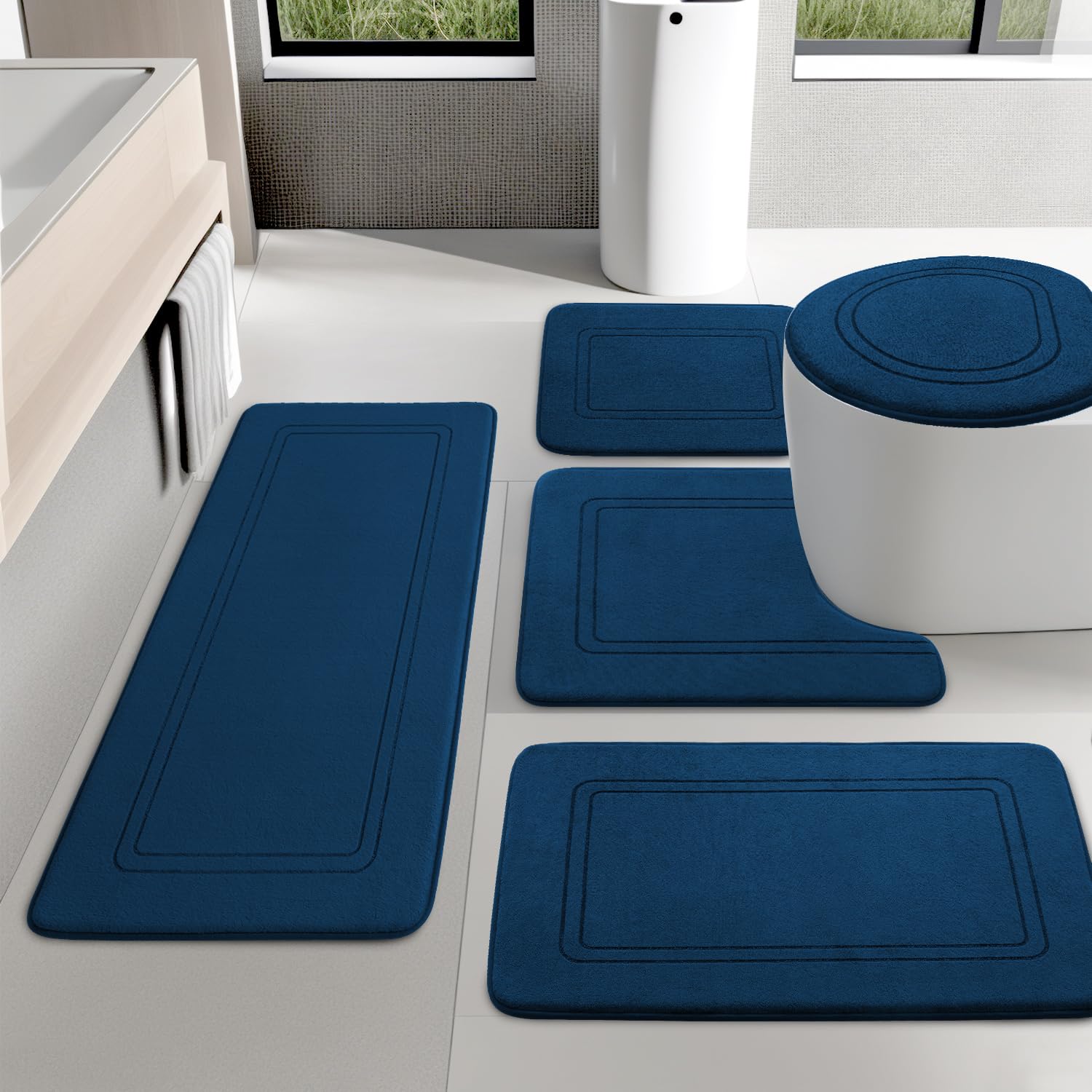 Yihouse Dark Blue Memory Foam Bathroom Rug Set 5 Piece, Absorbent Bathroom Mat Set, Non Slip Bath Mats For Bathroom Washable Dry