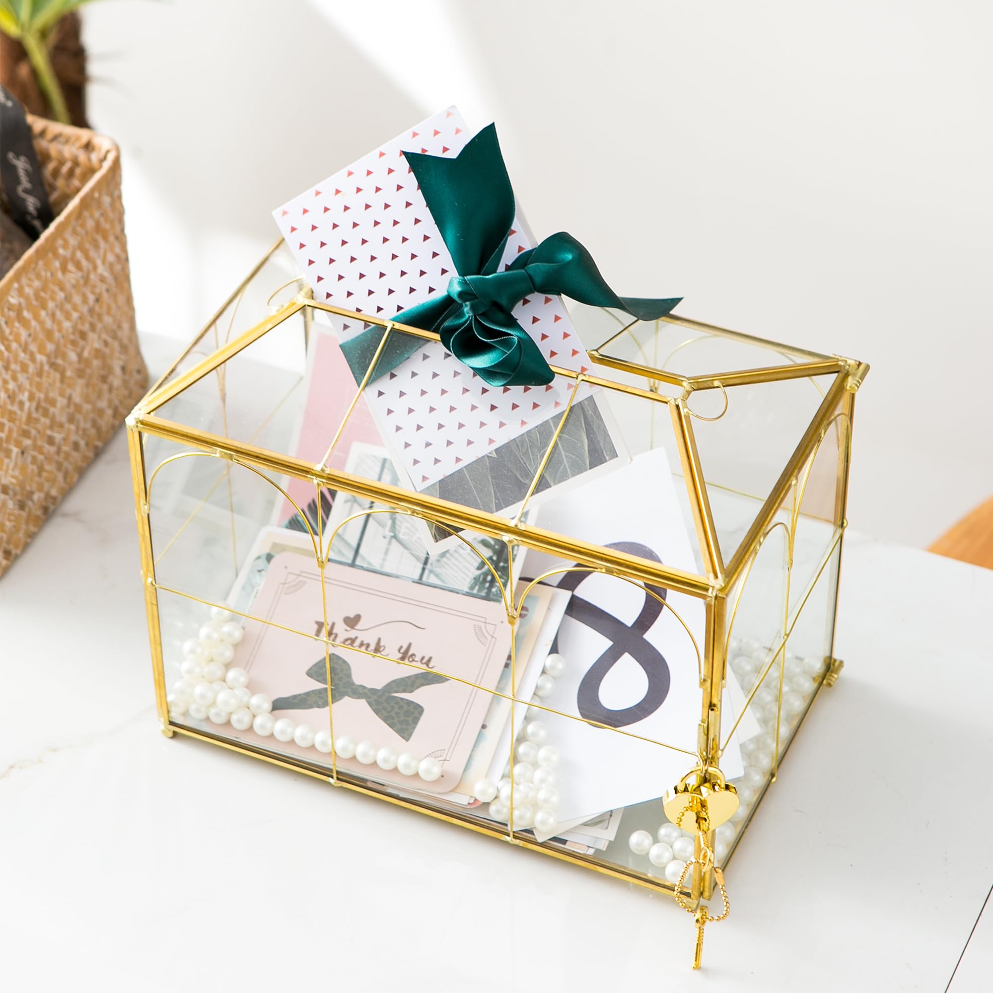 Sanllusit Glass Wedding Card Box with Slot, 10.2'' Large Clear Card Box Gold Brass Gift Card Storage Box with Lock Perfect for W