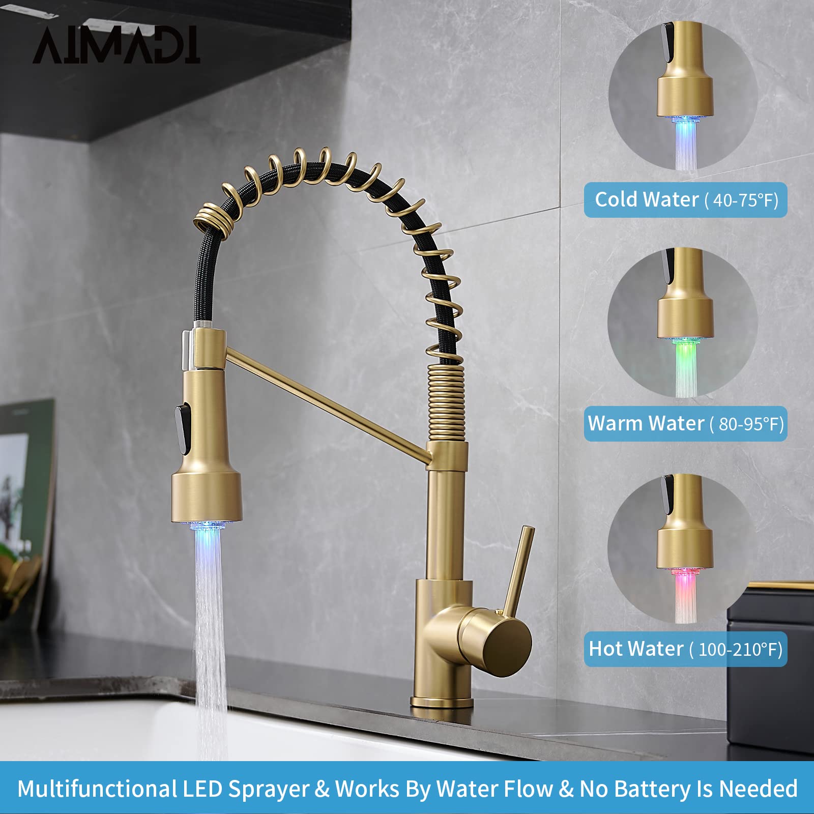 Gold Kitchen Faucet with Sprayer AIMADI Modern Single Handle Spring Brushed Gold Pull Down Kitchen Faucet with LED Light