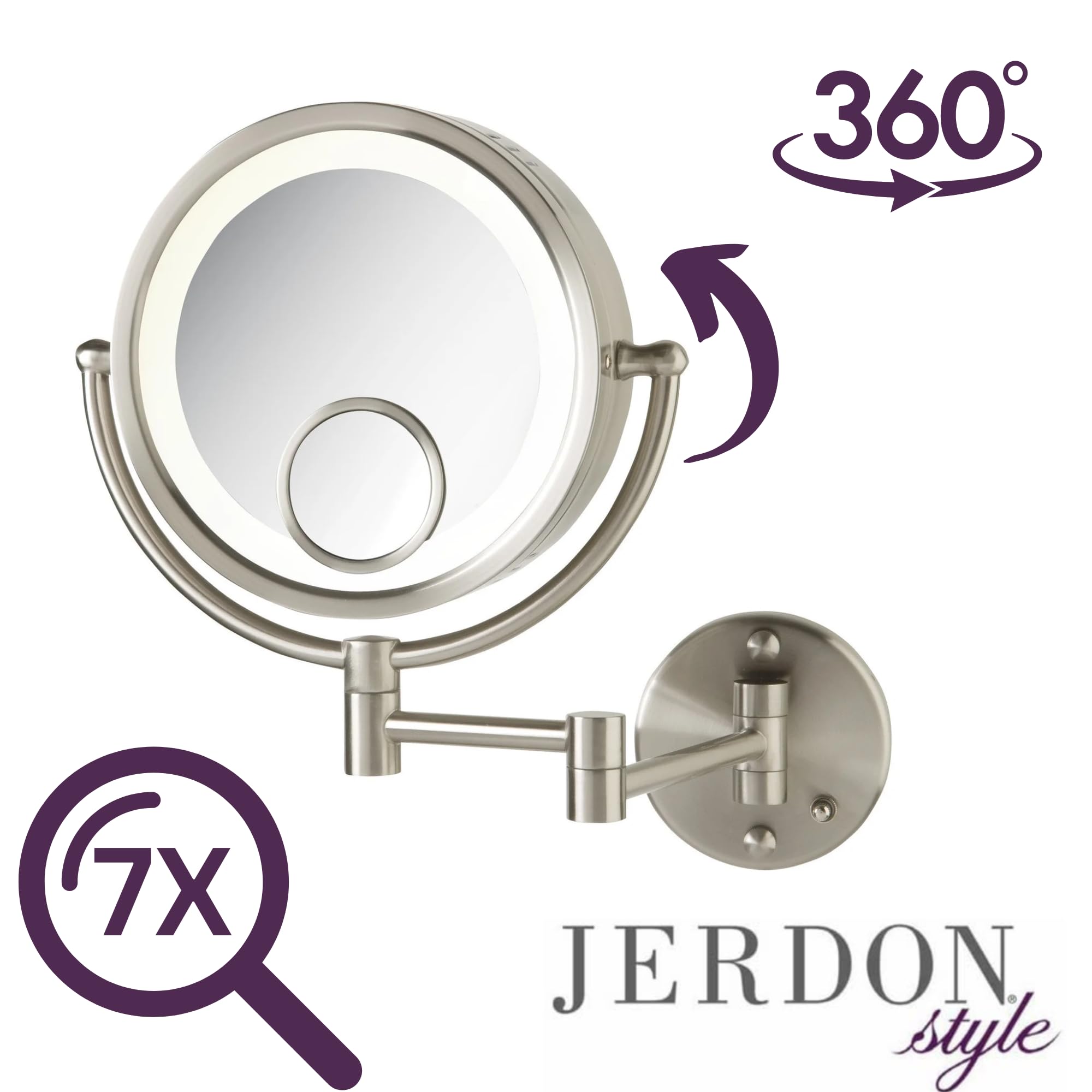 Jerdon Hl8515N Lighted Wall Mount Makeup Mirror With 7X And 15X Magnification, Nickel Finish, 8.5''