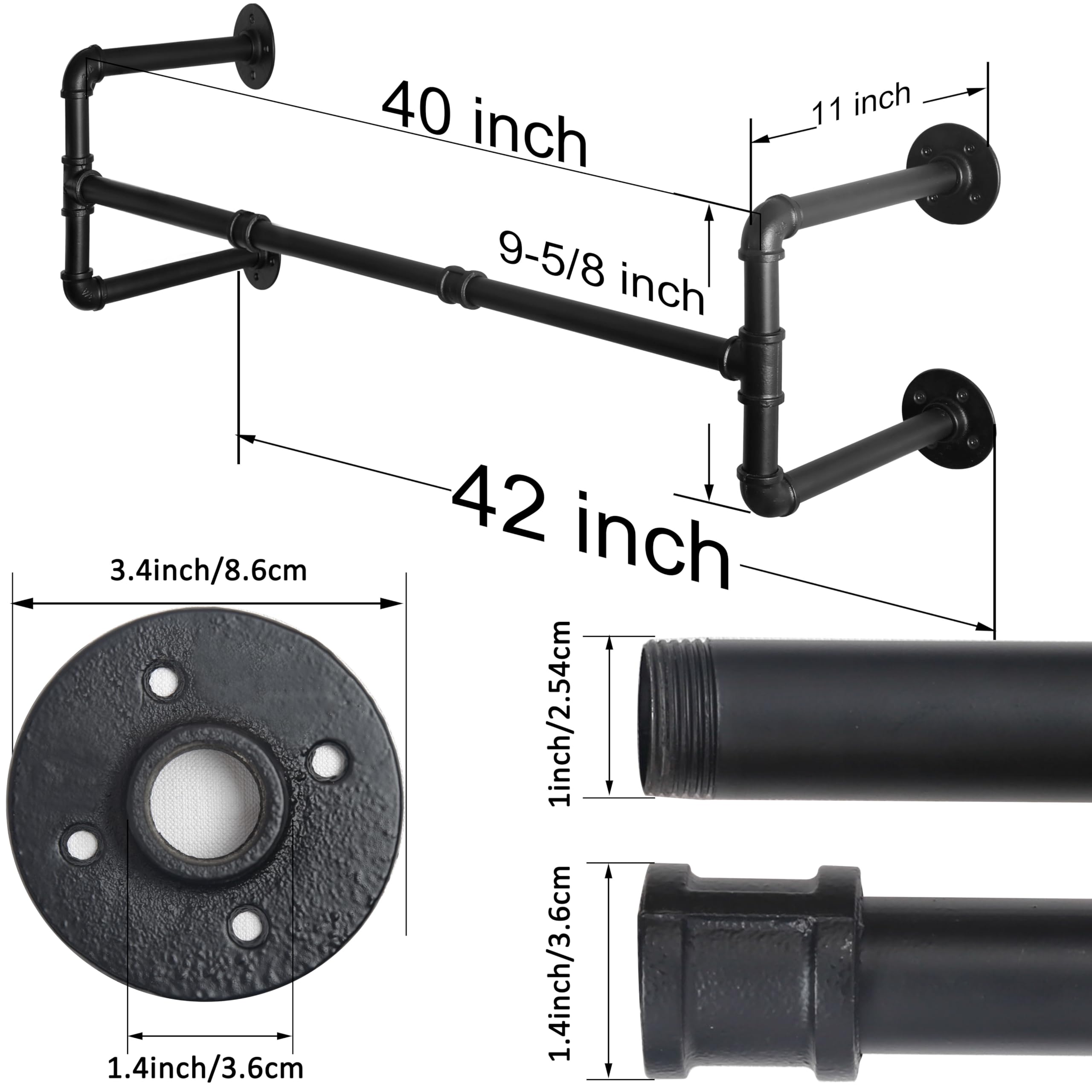 WEBI Clothing Rack Wall Mount 42'' Industrial Pipe Clothes Rack for Hanging Clothes Heavy Duty Iron Garment Rack Bar Retail Display Clothes Rod for Closet Laundry Room 4 Base Black