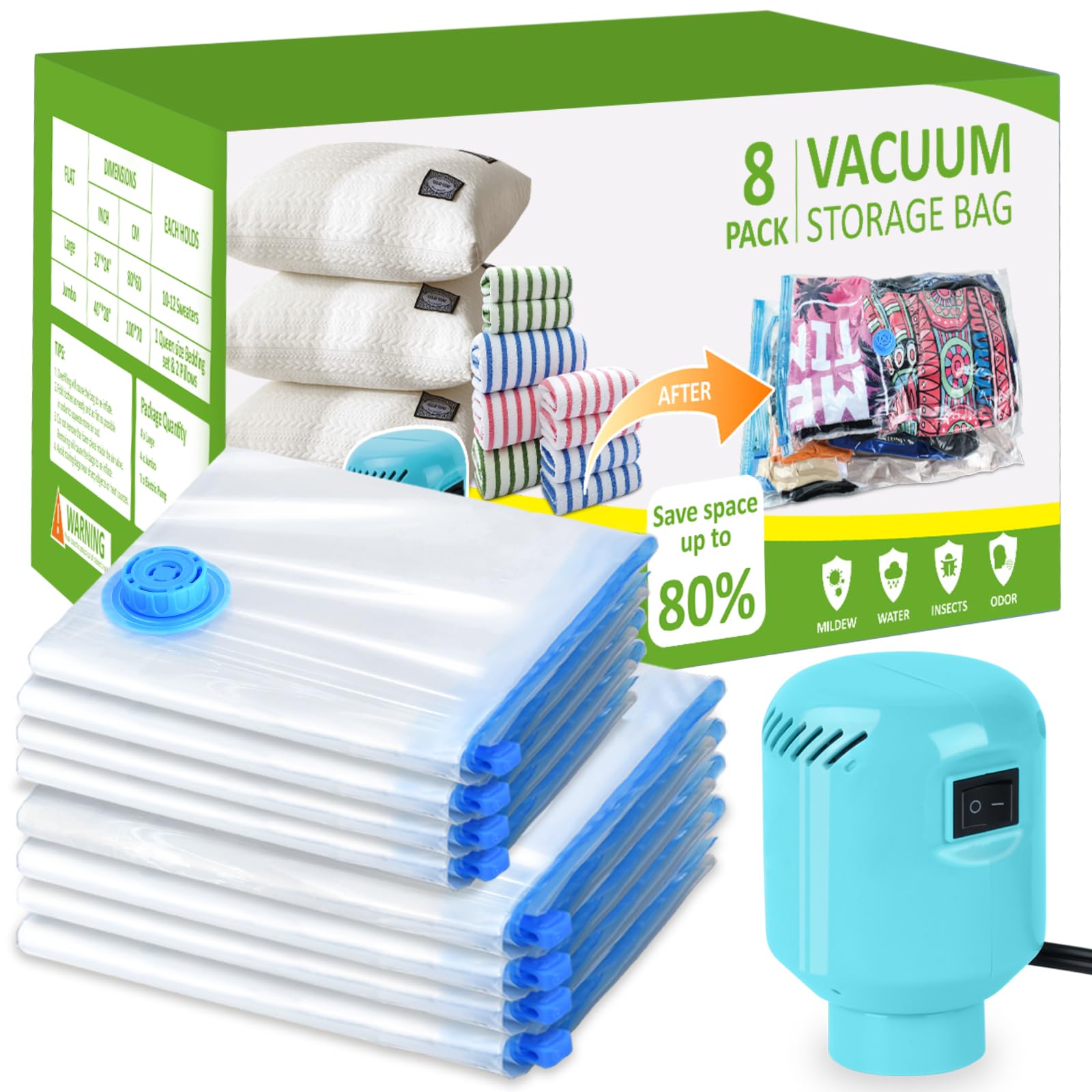 Bamcoo Vacuum Storage Bags With Electric Pump, 8 Pack (4 Jumbo 4 Large Vacuum Seal Bags For Clothing) Storage Bags Vacuum Sealed