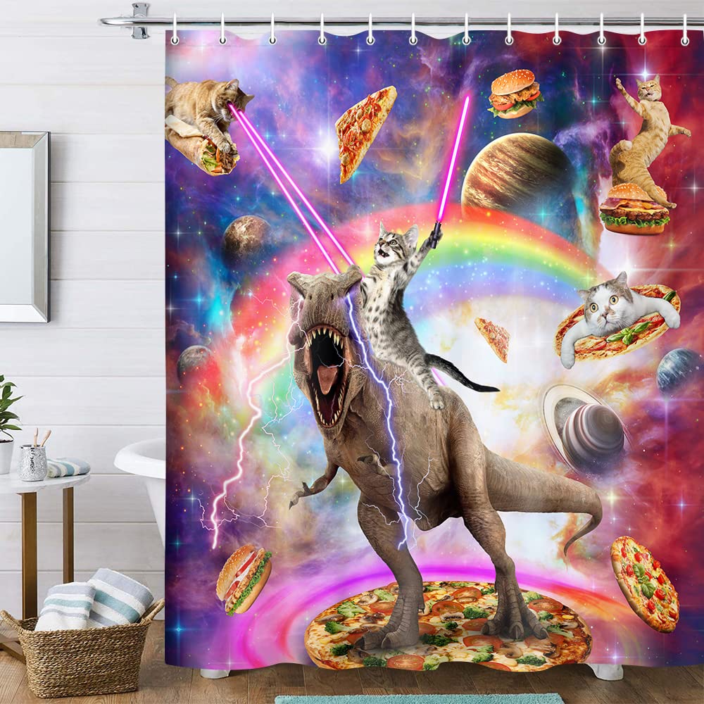 Funny Cat Shower Curtain, Cool Cat Riding Dinosaur On Fantasy Galaxy Space Shower Curtain, Cute Hilarious Outer Universe Anime F