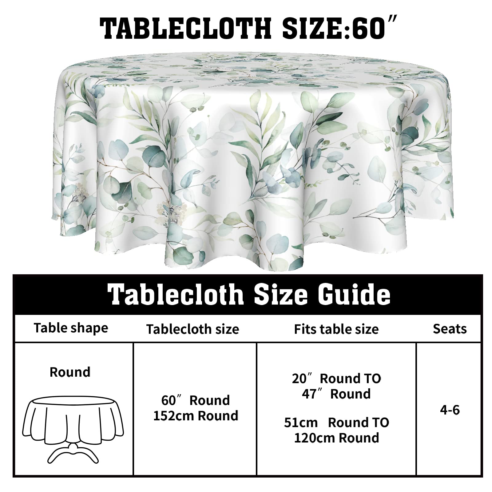 Spring Leaf Floral Sage Green Tablecloth Round 60 Inch Ruitic Watercolor Table Cloth Waterproof Fabric Farmhouse Green Grey Leav