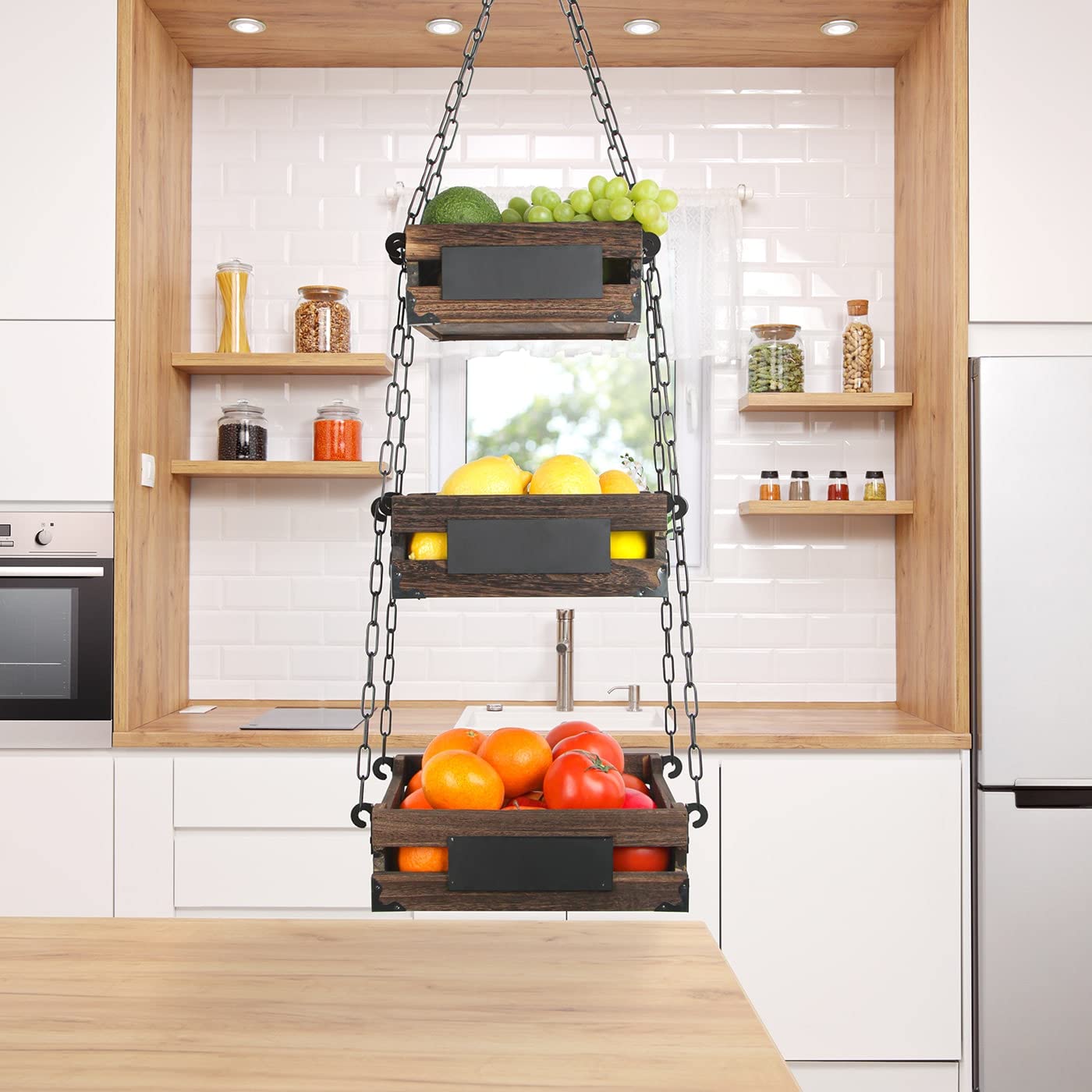 J Jackcube Design 3-Tier Rustic Wood Hanging Fruit Basket, Kitchen Fruit, Vegetable Storage Organizer, Countertop Space Saver- H