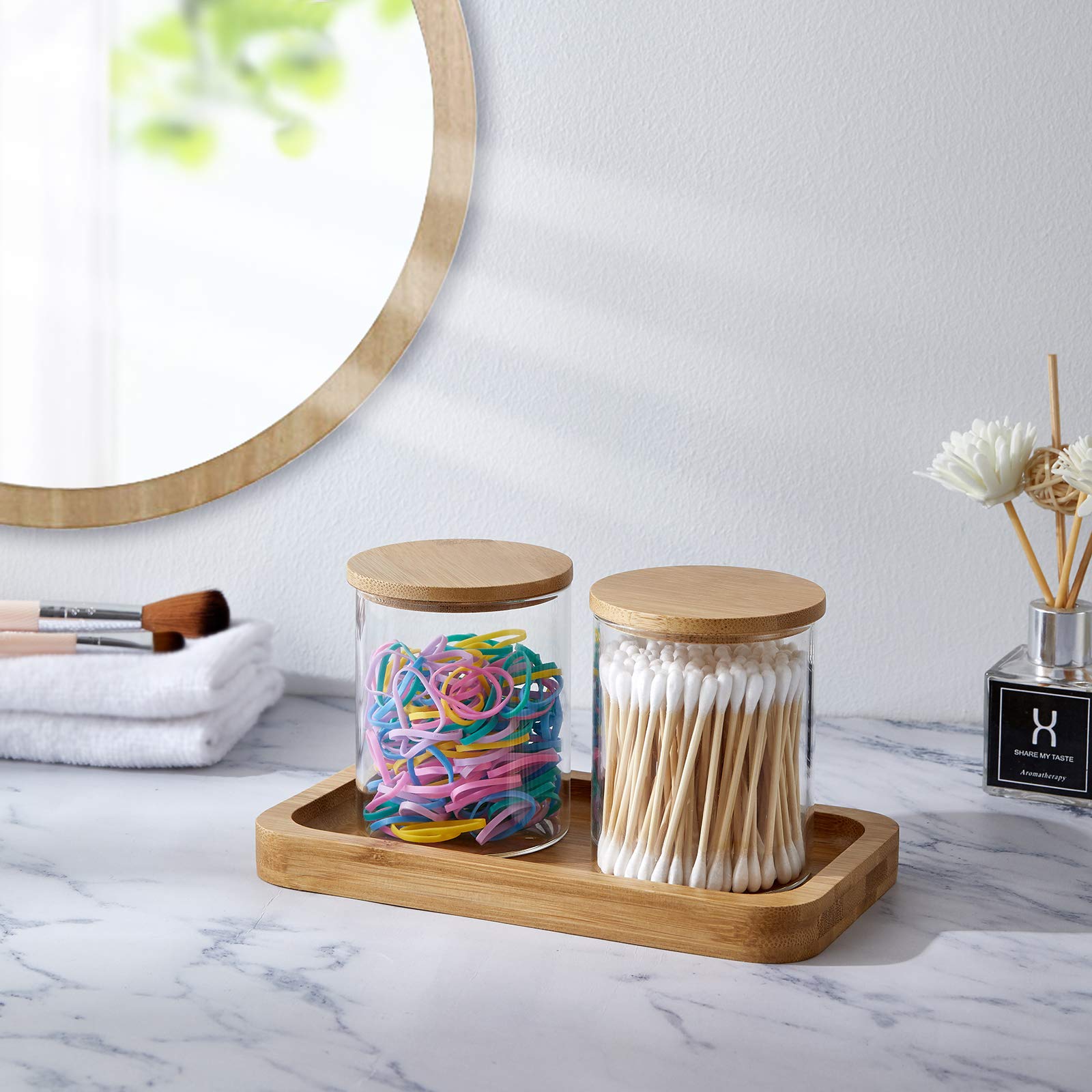 INIUNIK Qtip Holder with Bathroom Vanity Tray  Glass Apothecary Jars with Lids for Bathroom  Cotton Ball Swab Pad Rounds Holder Bathroom Canister Jars for Bathroom Restroom Decorations and Organizer