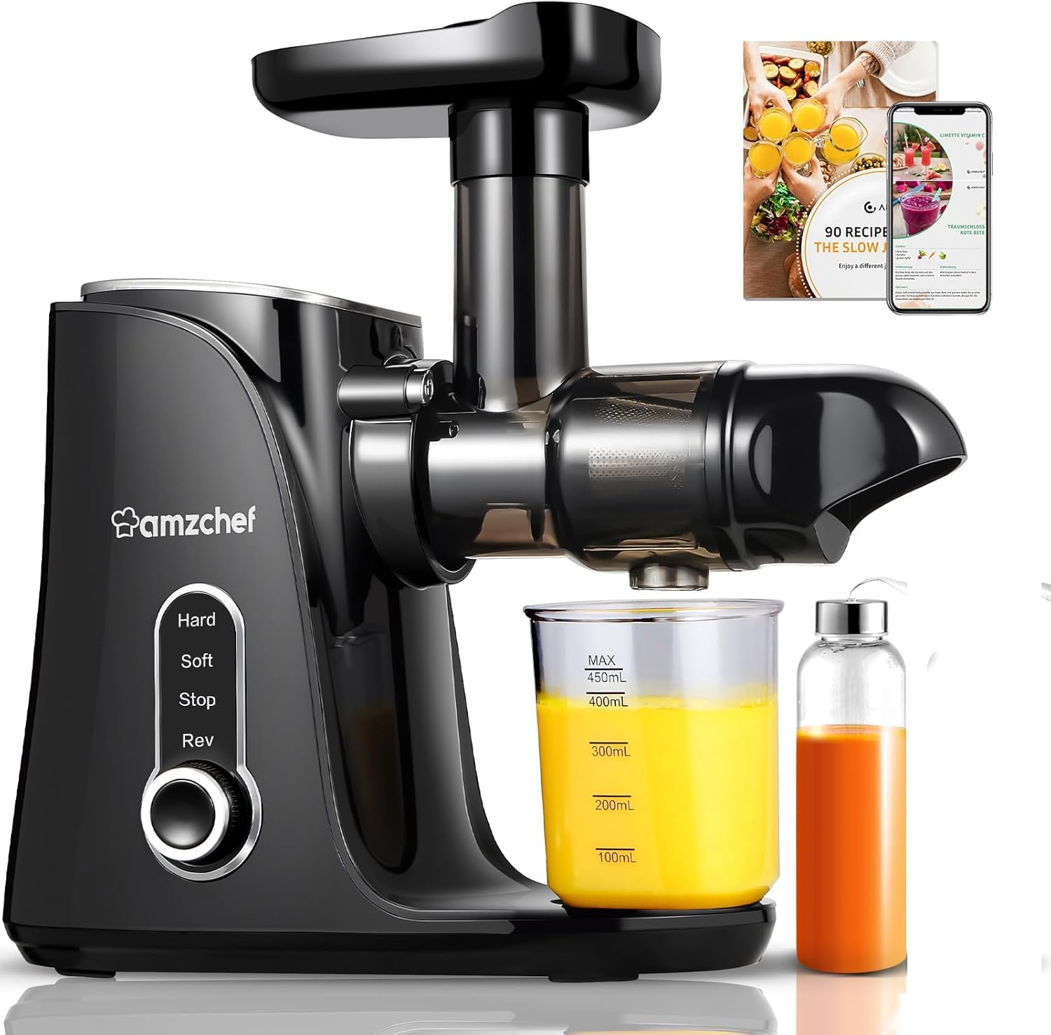 Juicer Machines, Amzchef Slow Cold Press Juicer With 2 Speed Modes, Travel Bottles(500Ml),Easy To Clean Brush & Quiet Motor For