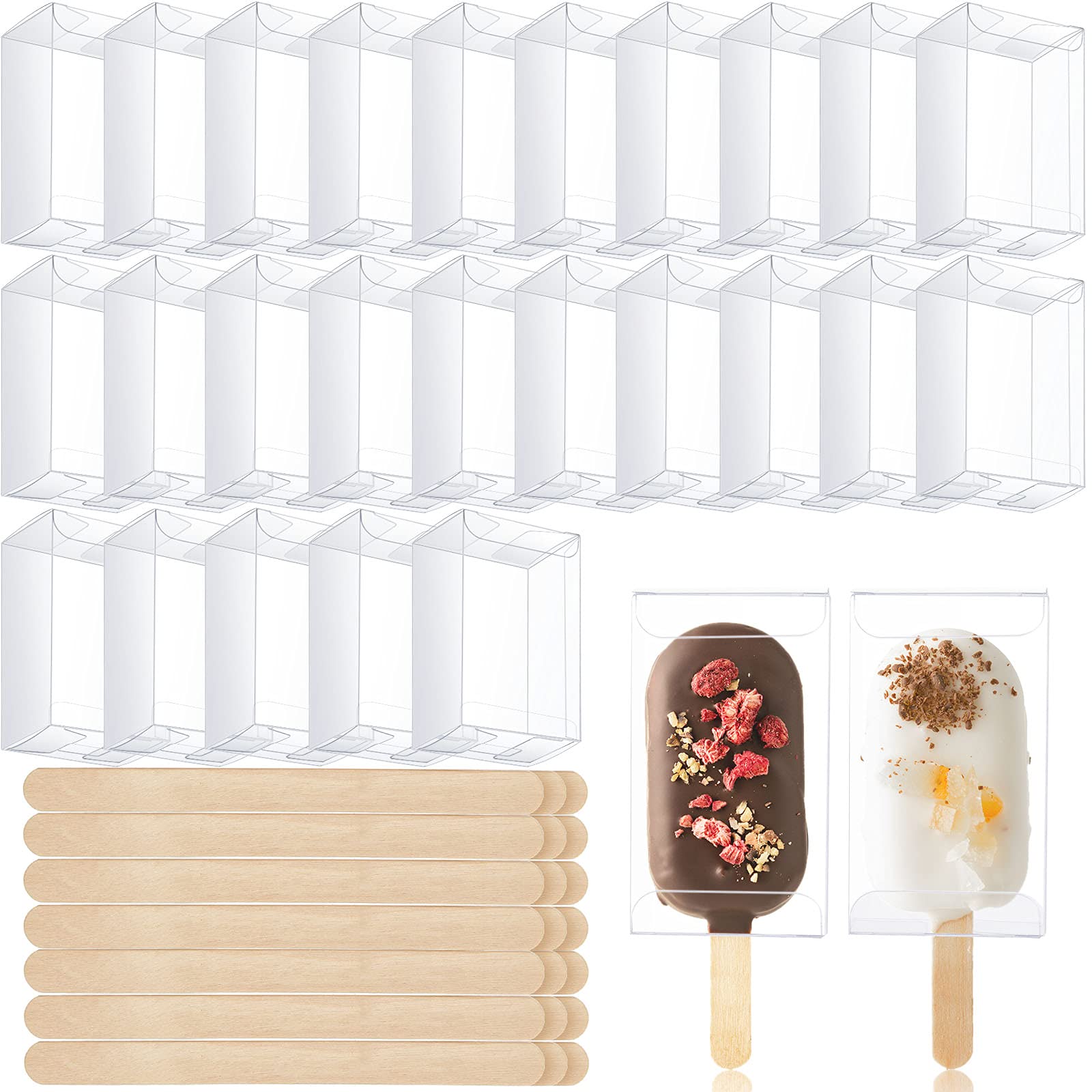 Geiserailie 50 Pcs Ice Cream Cakesicle Boxes Set Include 25 Clear Pet Cake Boxes Plastic Candy Gift Bags and 25 Wooden Sticks Tr