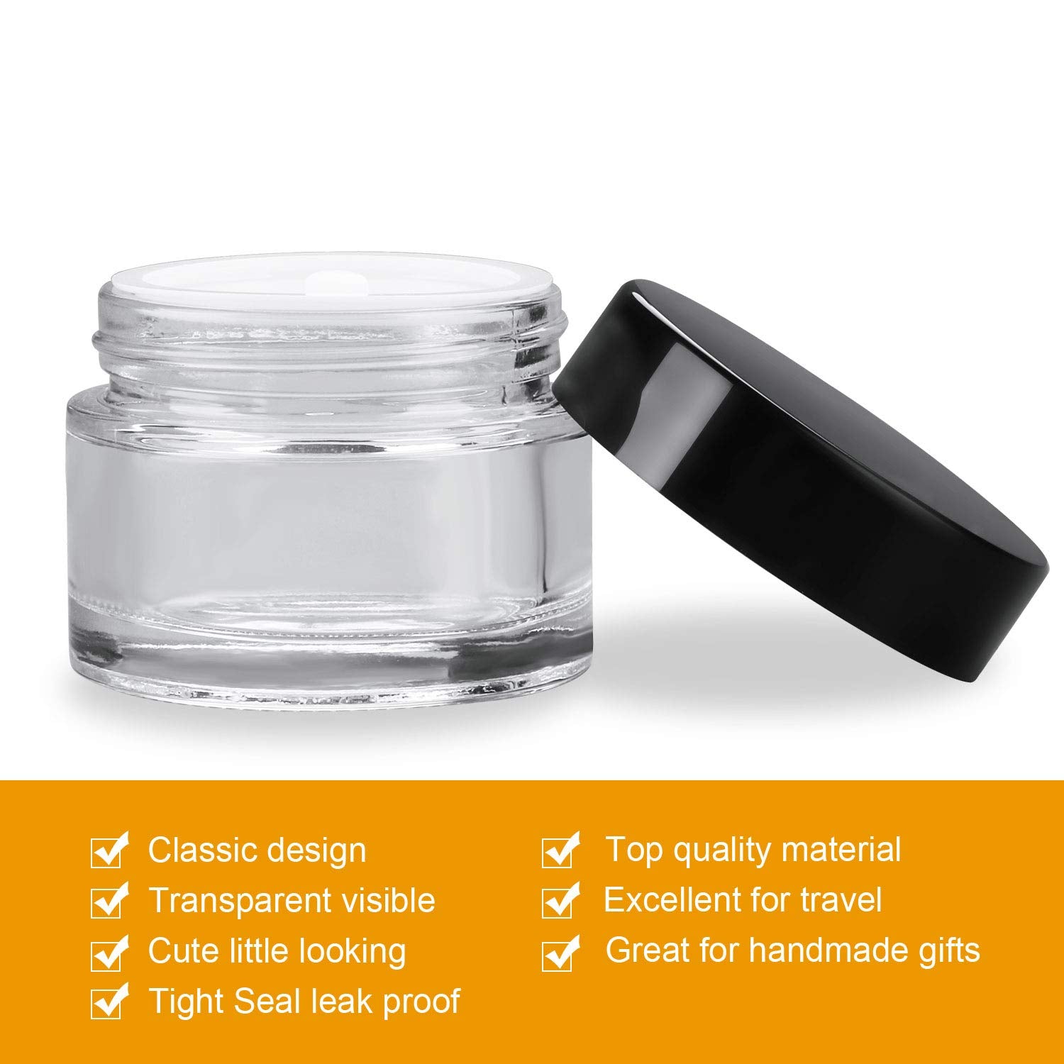 Encheng 30 Pack Of 2 Oz Clear Round Glass Jars,With Inner Liners And Black Lids,Empty Cosmetic Containers,Cream Jars