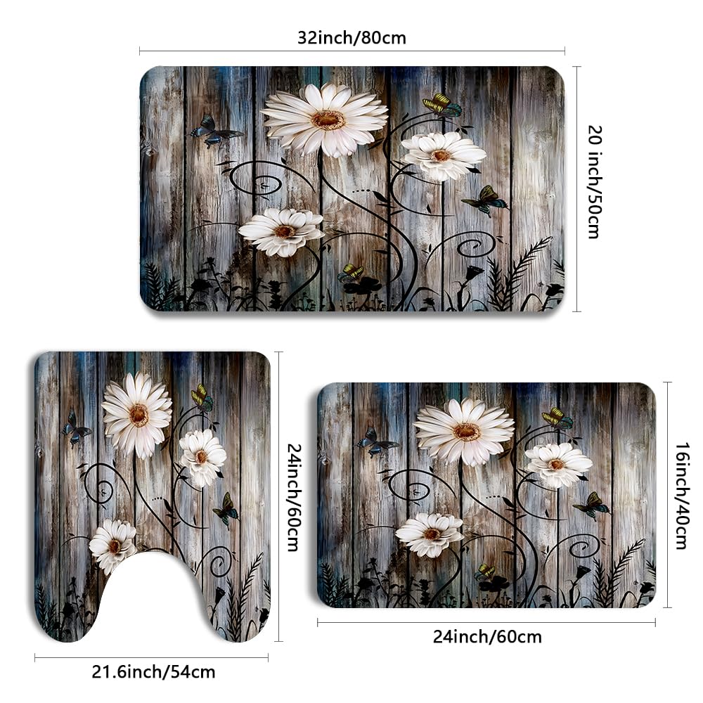 Muginyu Rustic Farmhouse Bathroom Mats Sets 3 Piece, Grey Daisy Floral Butterfly Bath Mat American Country Farm Thin Rubber Diat