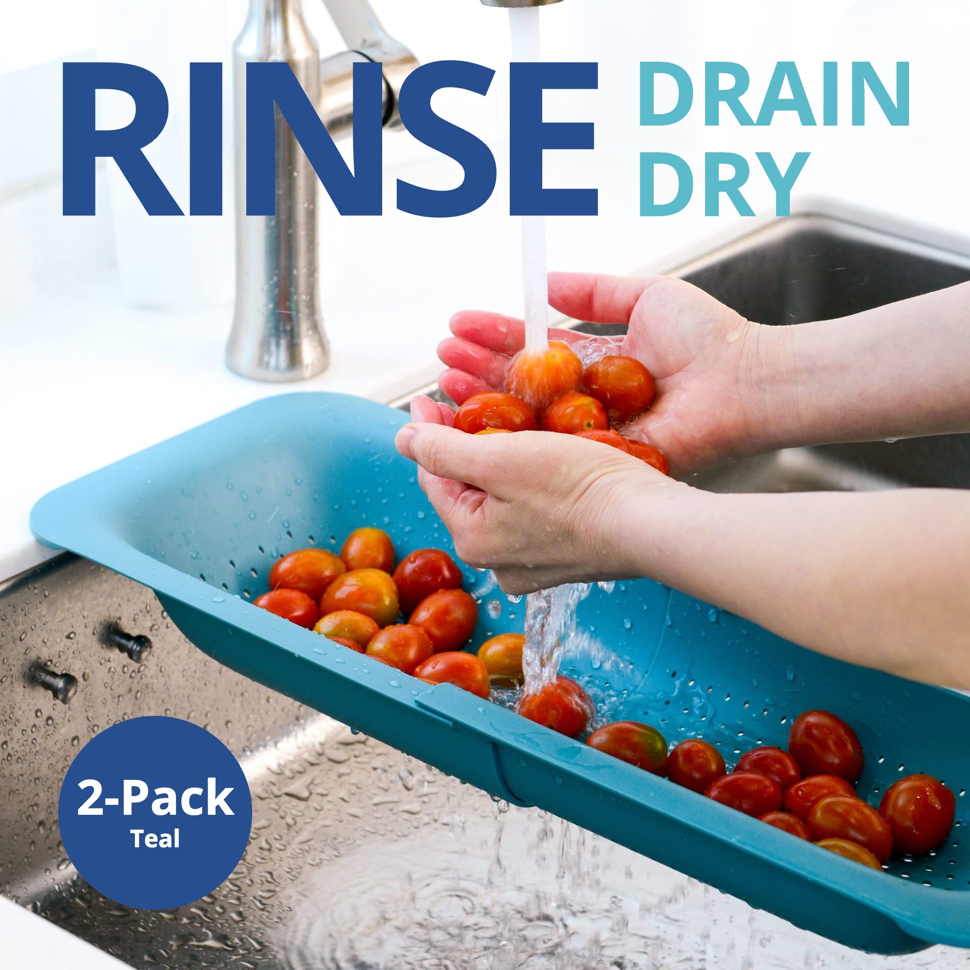 BLUE GINKGO Sink Colander Baskets - (Pack of 2) Wash Vegetables and Fruits  Drain Cooked Pasta and Dry Dishes - Extendable - New Home Kitchen Essentials (2 Teal)