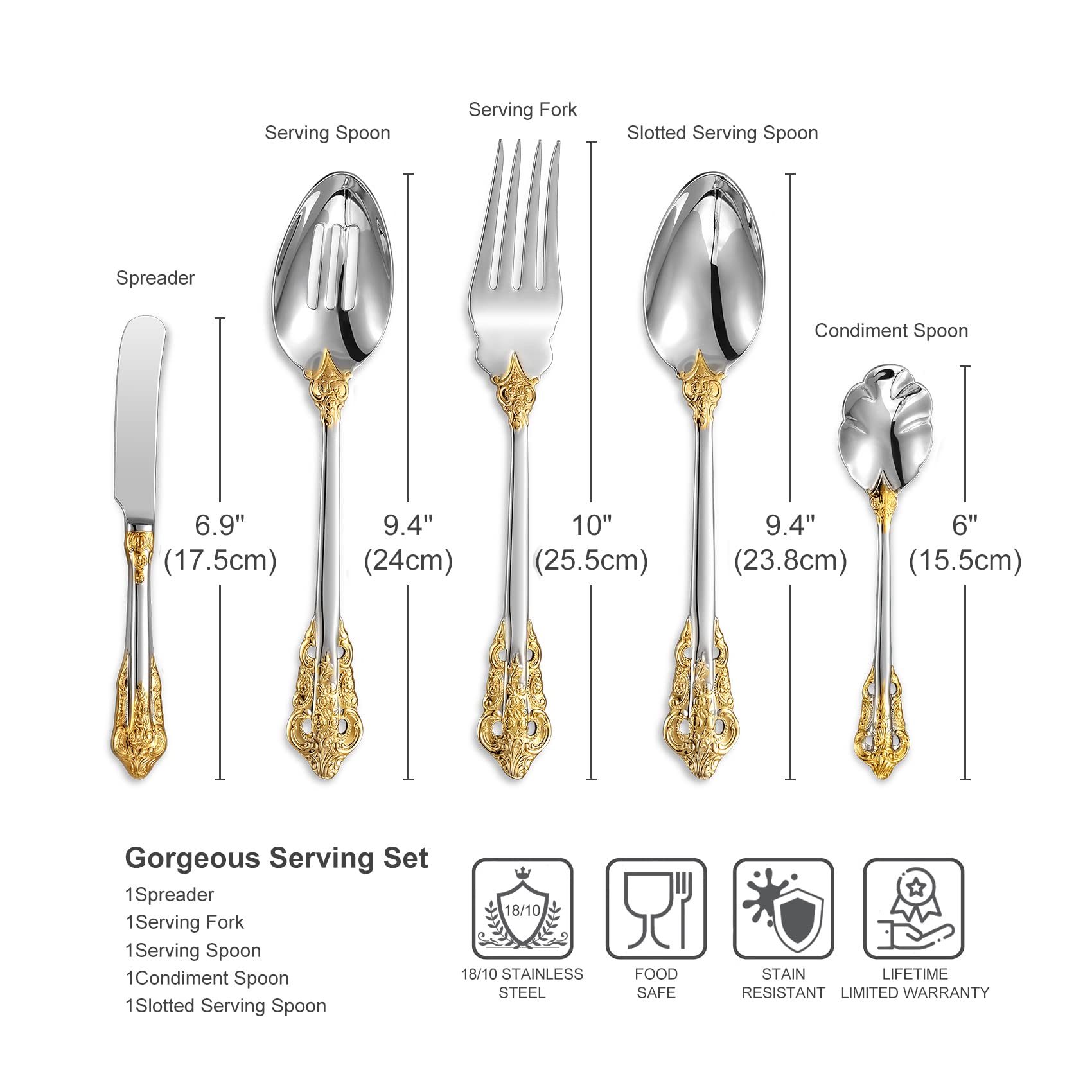 Keawell Gorgeous 5-Piece 18/10 Stainless Steel Hostess Serving Utensil Set, Dishwasher Safe, Gold Accent