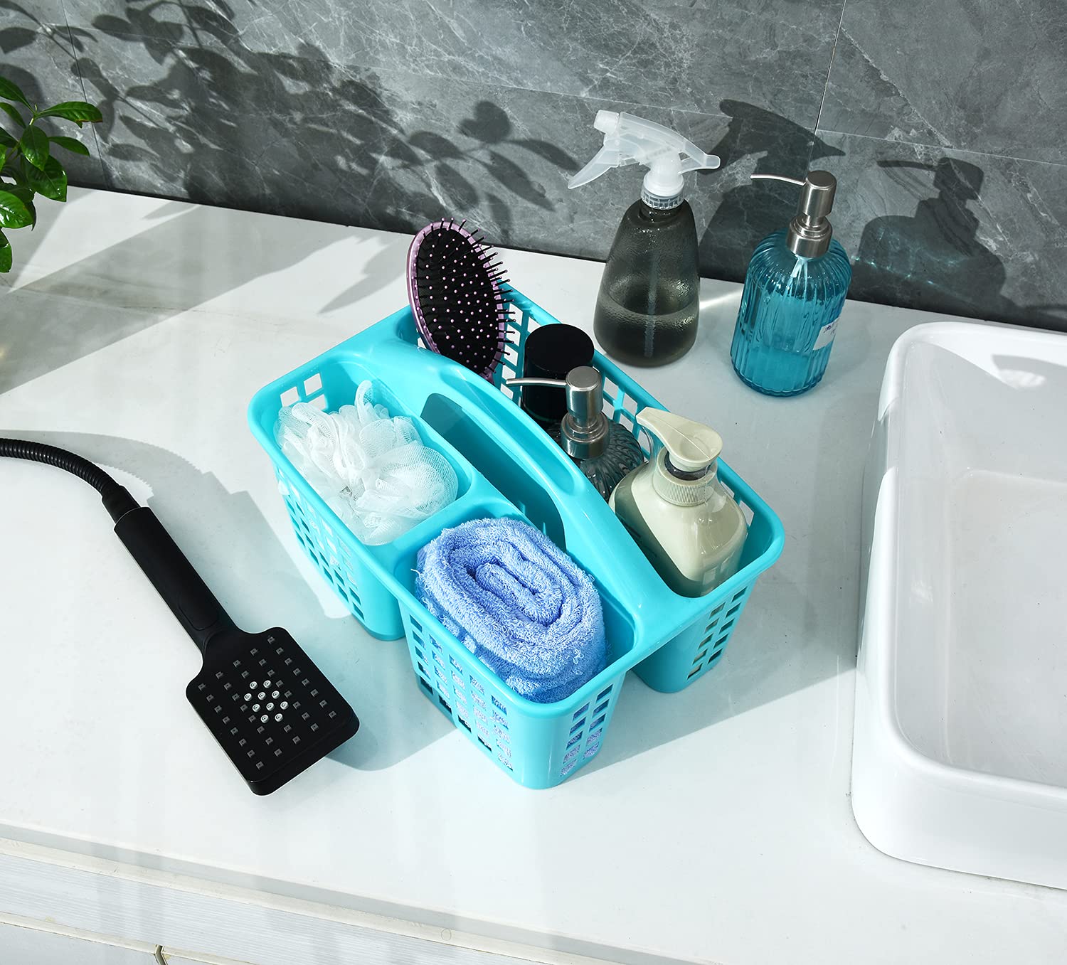 ALINK Plastic Shower Caddy Basket with Compartments  Portable Divided Cleaning Supply Storage Organizer with Handle for College Dorm Bathroom -Blue