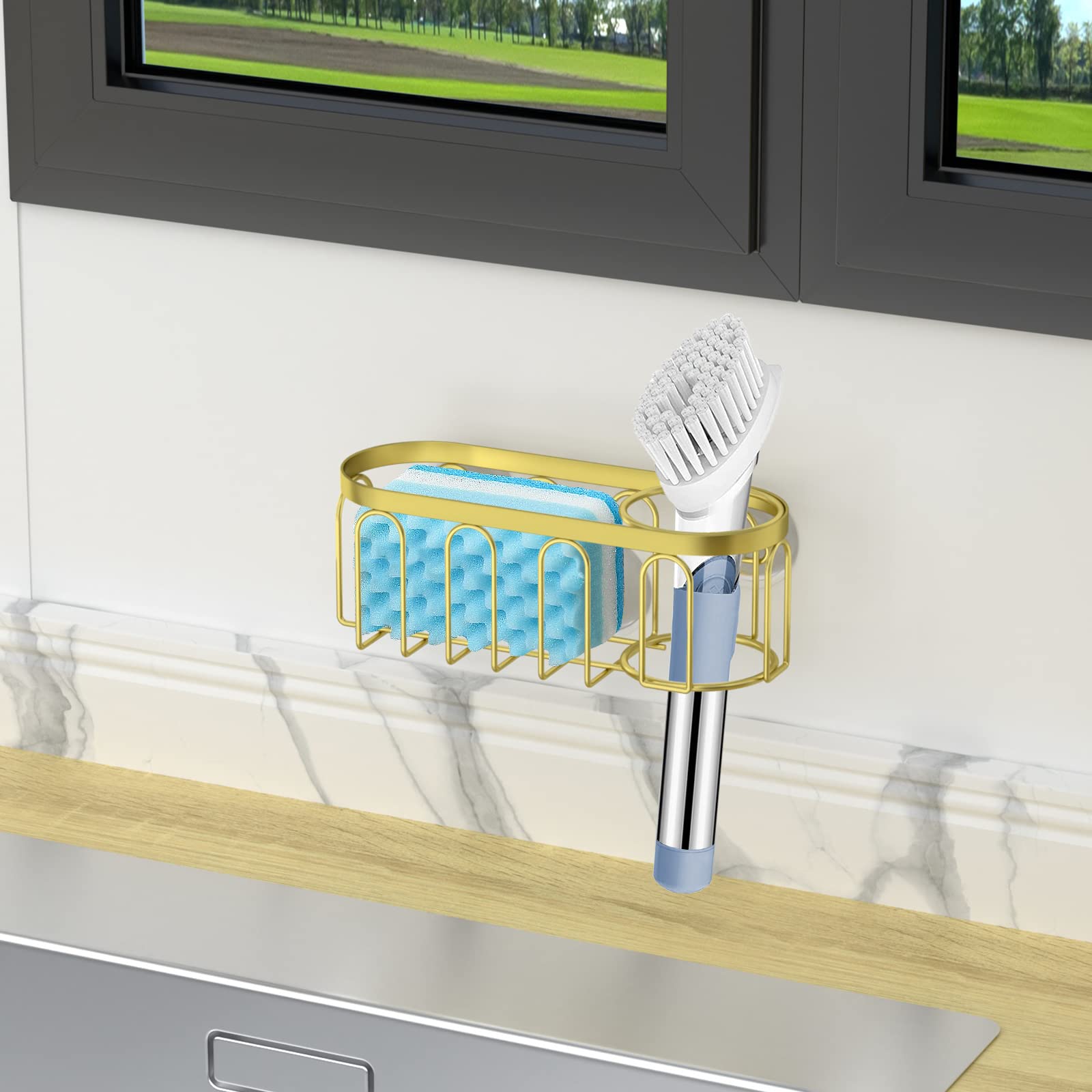 Yazoni 2-In-1 Sponge Holder For Kitchen Sink, Suction Cup Sponge Rack Kitchen Sink Caddy, No Drill Rustproof Kitchen Sink Organi