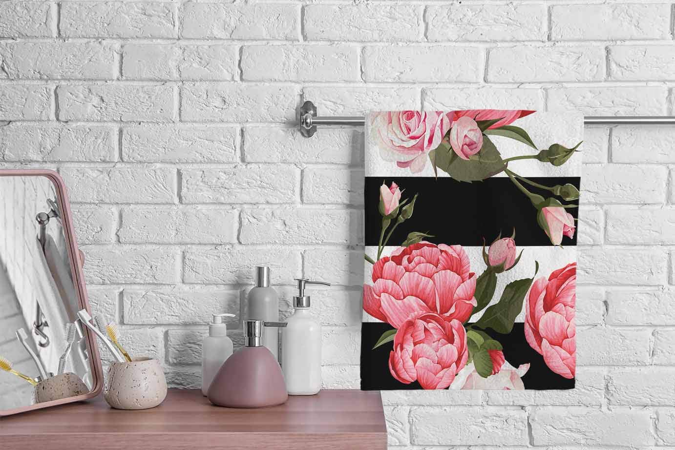 Ofloral Peony And Rose Floral Hand Towels Cotton Washcloths,Pink Flower Green Leaves With Black White Stripes Soft Towels For Ba