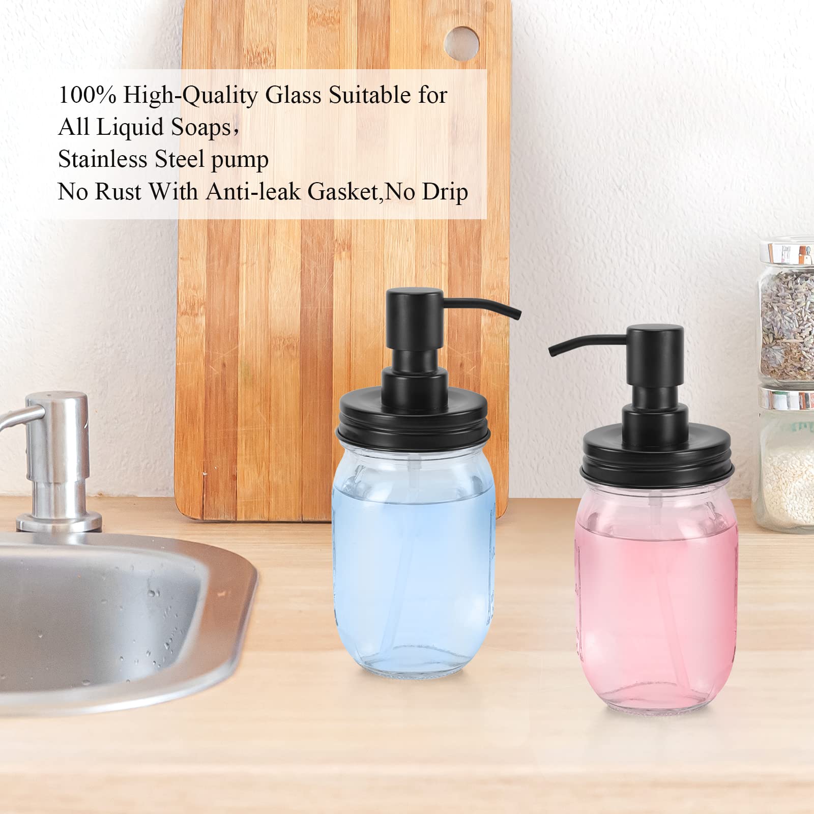 Premium Quality Mason Jar Soap Dispenser - Black 16 Ounce - Made From Rust Proof Stainless Steel - Dish And Hand Soap Dispenser