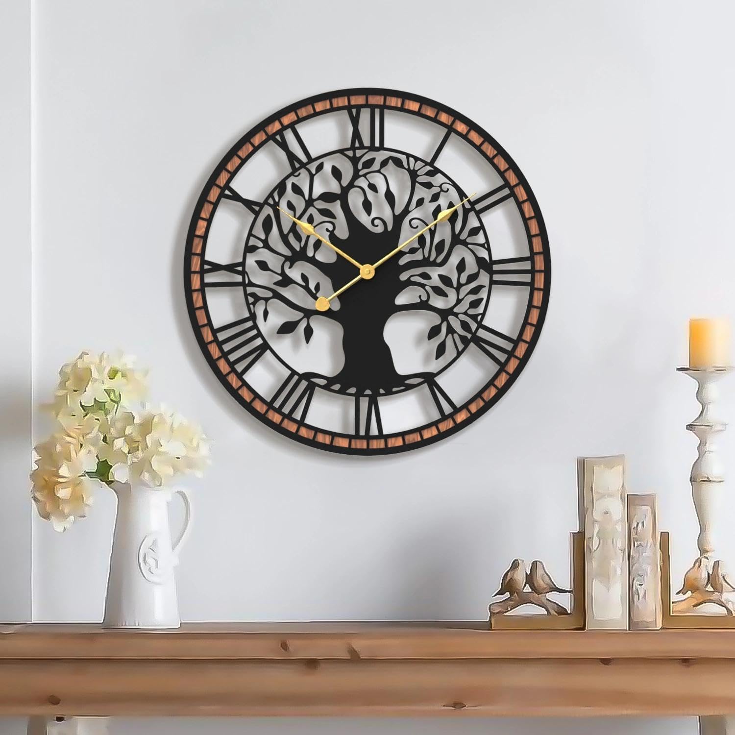 Micasso 24 In Large Tree Of Life Wall Clock, Metal Black Modern Wall Clock With Solid Wood Frame, Oversized Non-Ticking Battery 