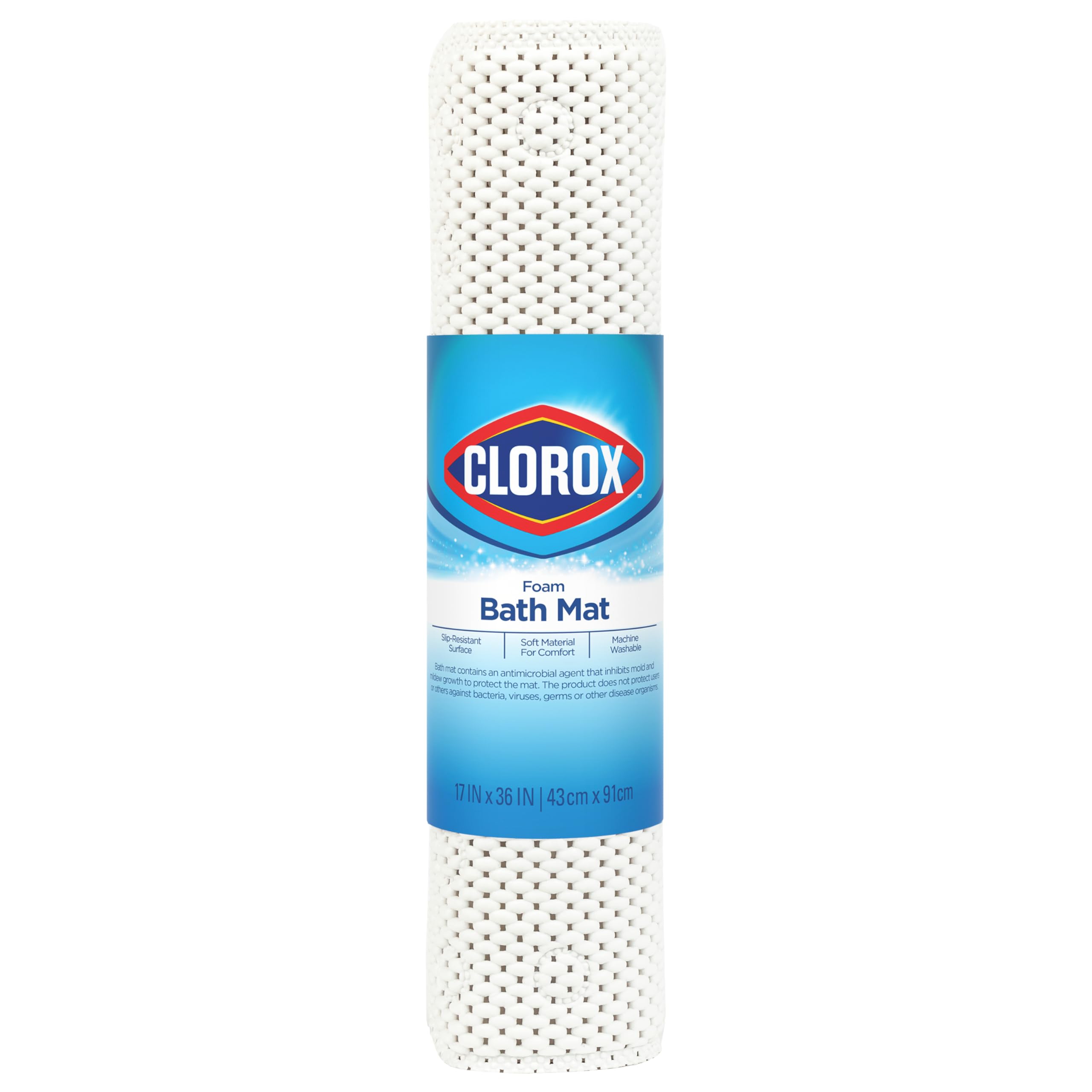 Clorox By Duck Brand Cushioned Foam Bathtub Mat, Non Slip Bath Mat With Suction For Comfort And Safety, 17'' X 36'', White