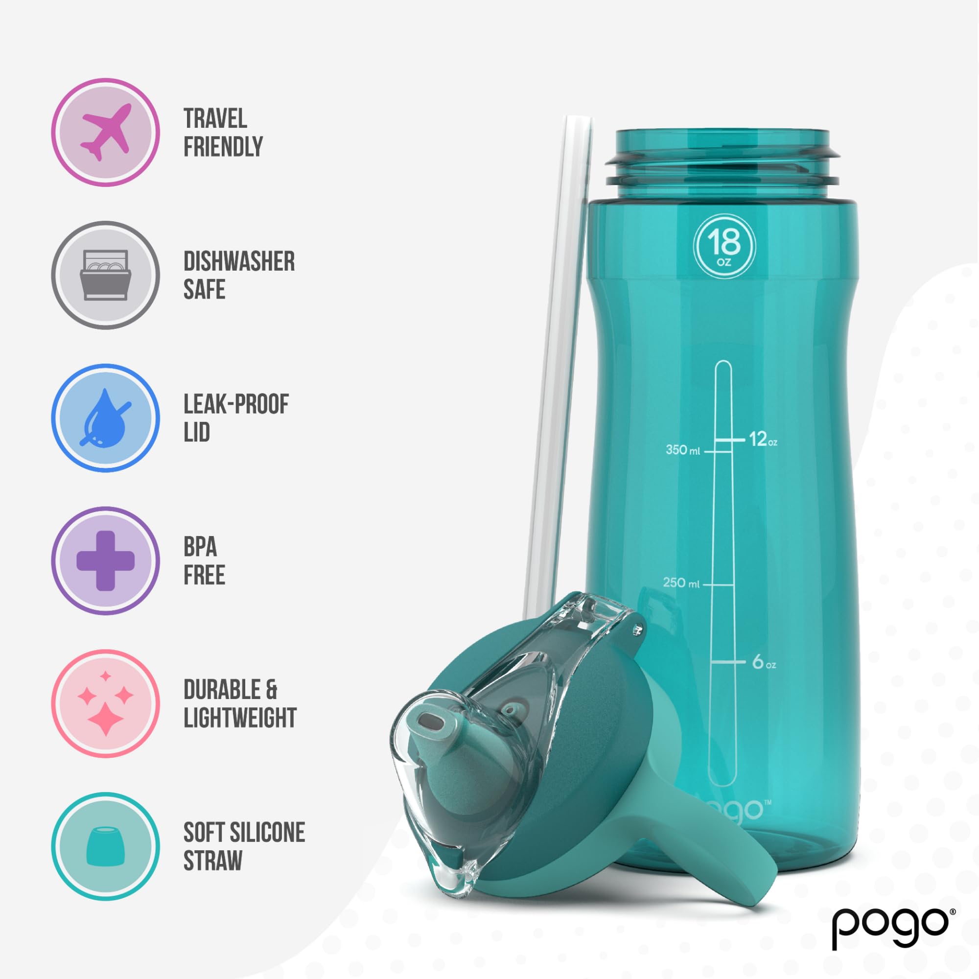 Pogo Tritan Plastic Water Bottle, 18 Oz, BPA-Free, Teal, Soft Straw Lid, Model 213-0694-023