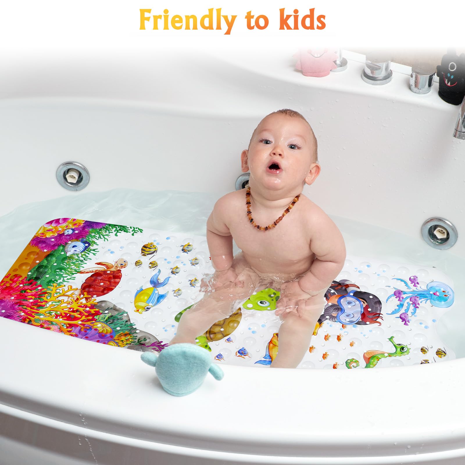 Secopad Baby Bath Mat for Tub for Kids  40 X 16 Inch Non Slip Cartoon Bath Tub Shower Mat Anti Slip with Drain Holes and Suction Cups Machine Washable  Turtle