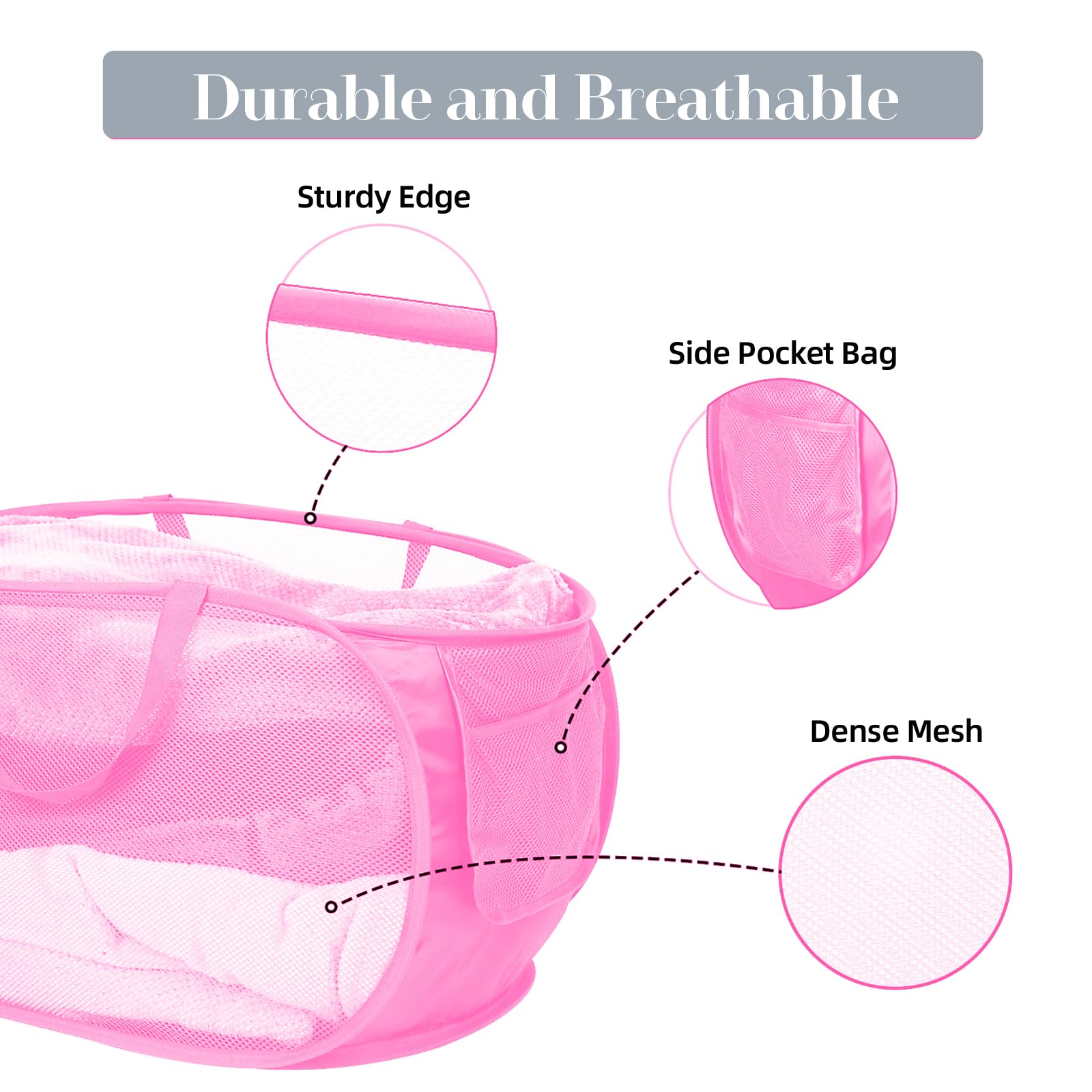 Durable Collapsible Laundry Baskets  Mesh Pop Up Laundry Hamper with Side Pocket  Foldable Clothes Hamper with Reinforced Carry Handles for Laundry  Bathroom  Kids Room  Dorm or Travel 2 Pack Pink