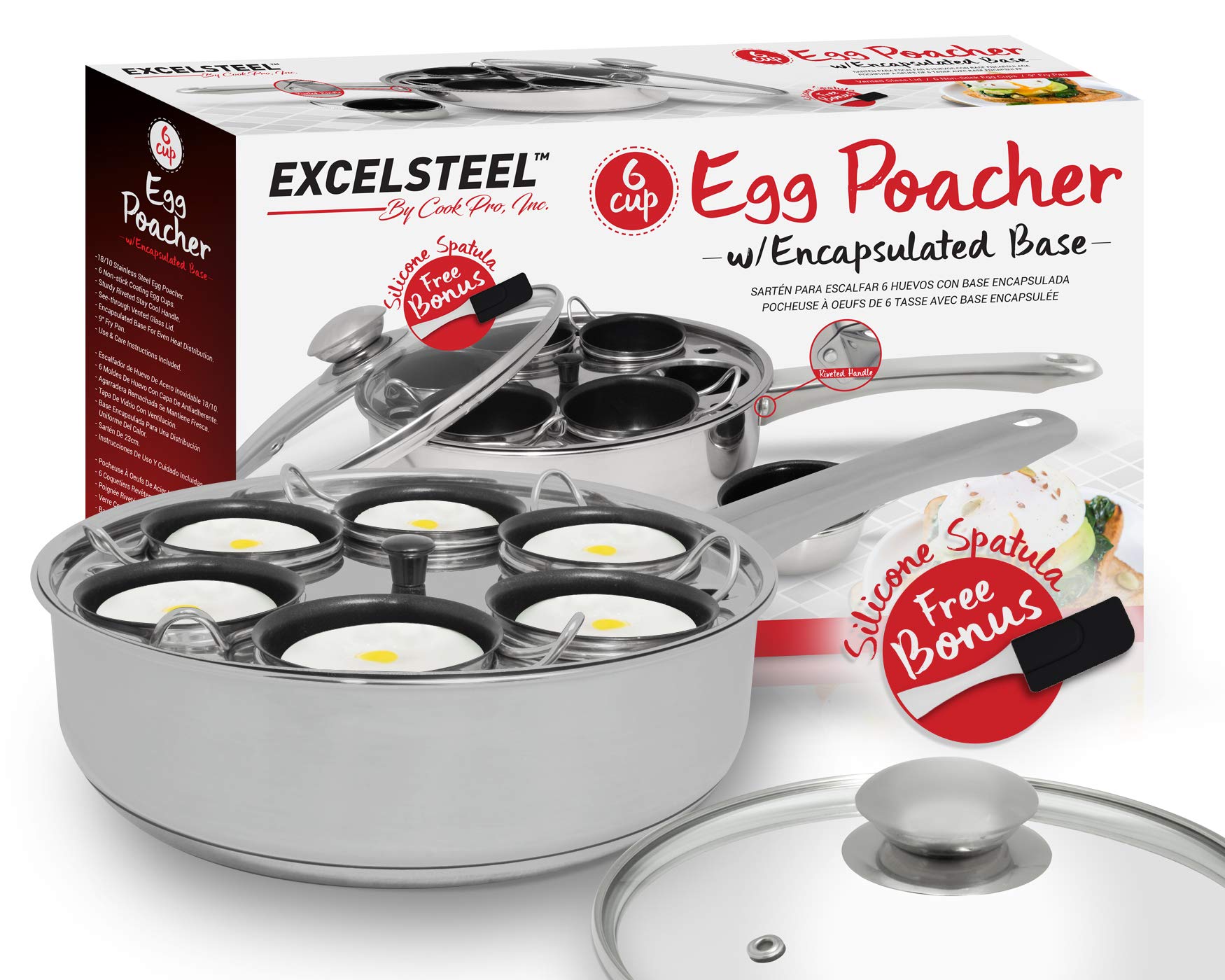 EXCELSTEEL Non Stick Easy Use Rust Resistant Home Kitchen Breakfast Brunch Induction Cooktop Egg Poacher, 6 Cup, Stainless Steel