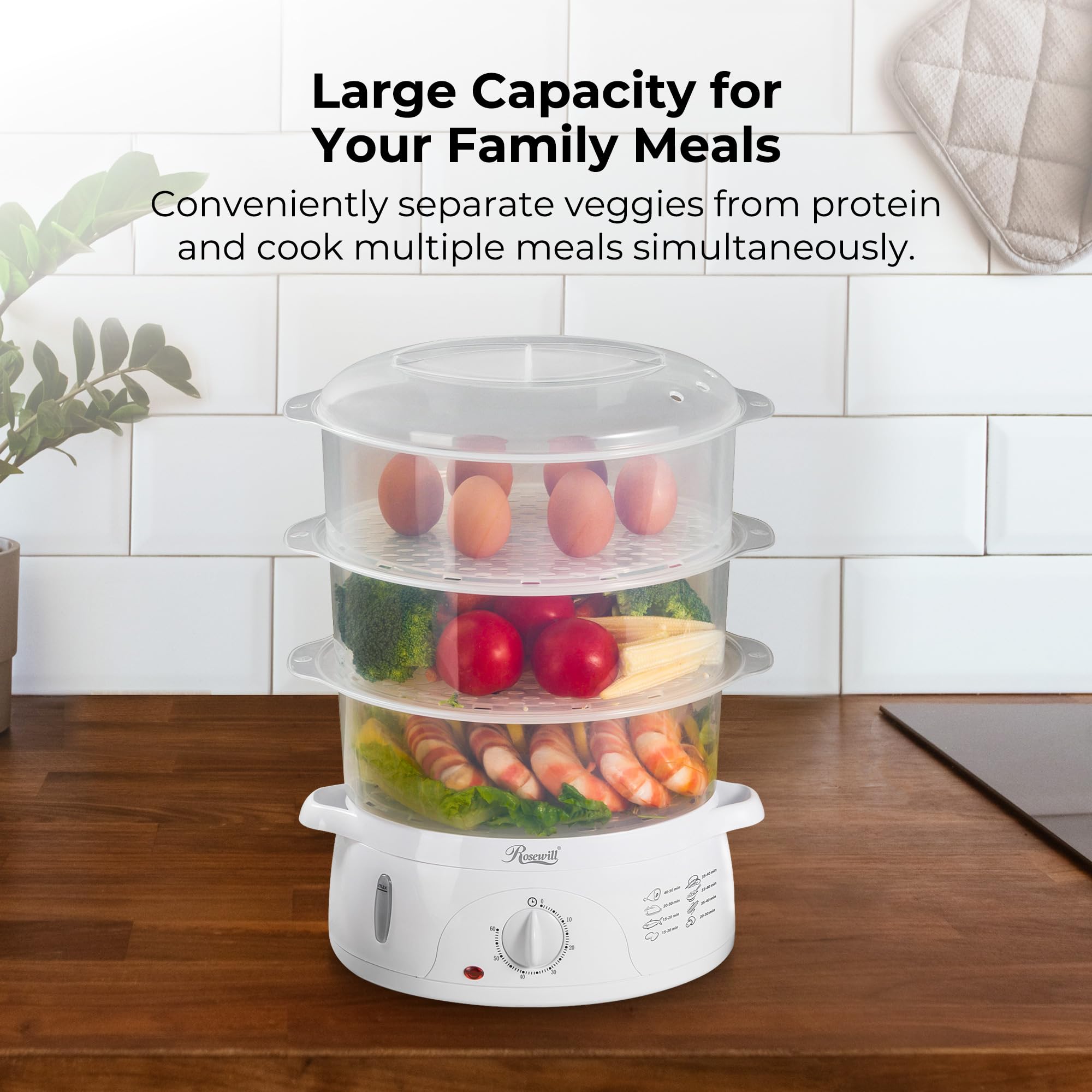 Rosewill Bpa-Free, 9.5-Quart (9L), 3-Tier Stackable Baskets Electric Steamer With Timer Food, 2.20X9.25X15.63