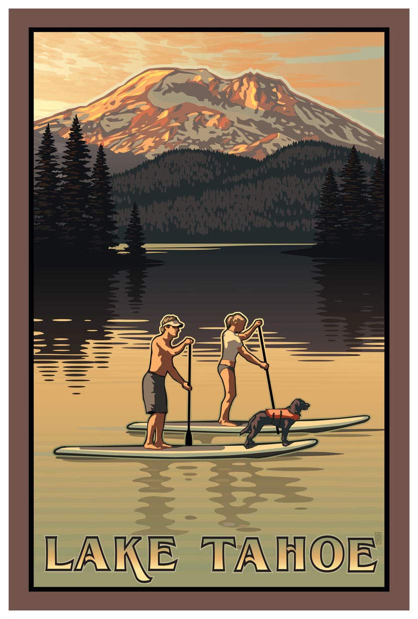 Art Of Place Lake Tahoe California Paddleboarders Giclee Art Print Poster From Travel Artwork By Artist Paul Leighton 12'' X 18'