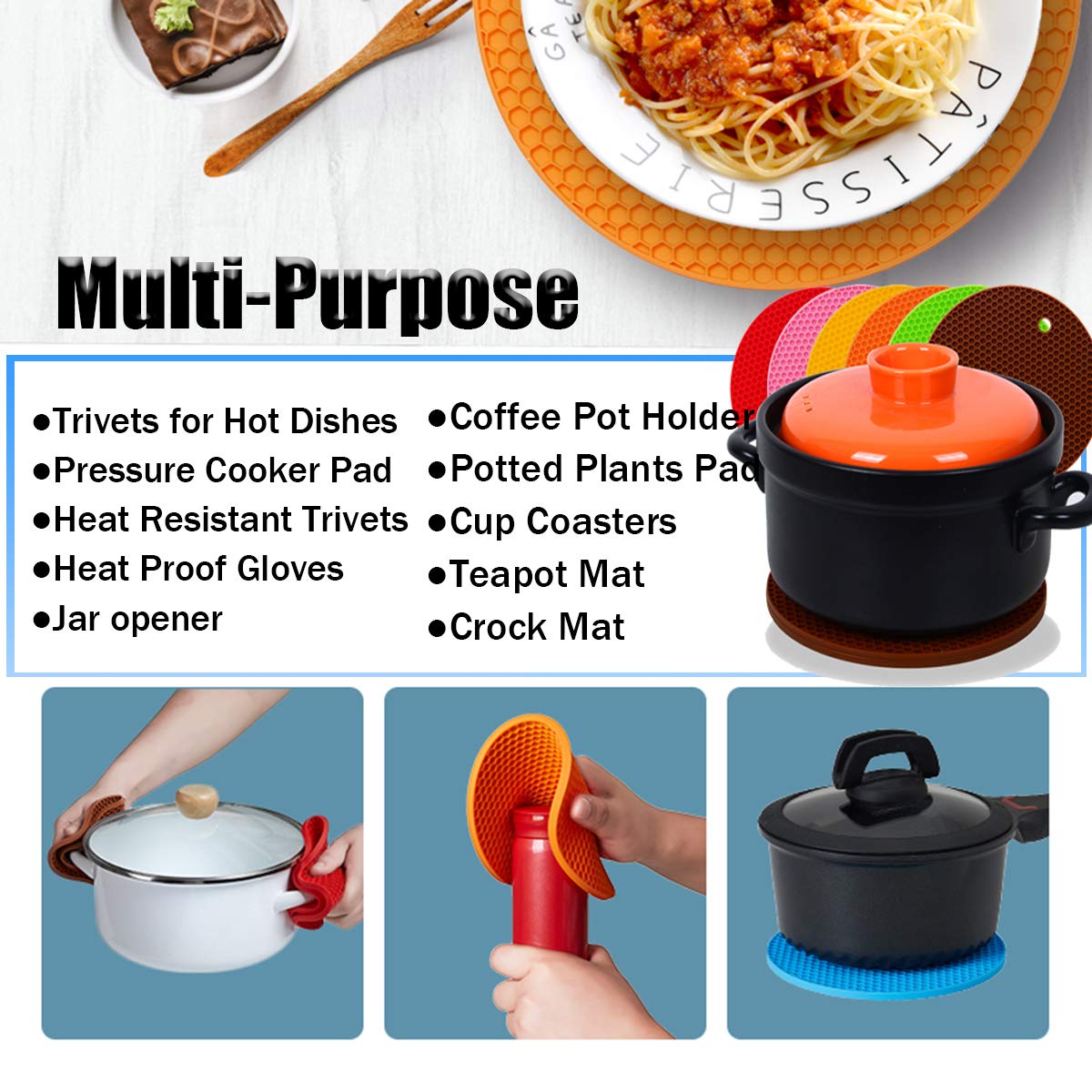 5 Pcs Round Silicone Trivets Pot Holder Mats,Extra Thick Heat Resistant Kitchen Countertop Mats,Honeycomb Rubber Hot Pads Trivet