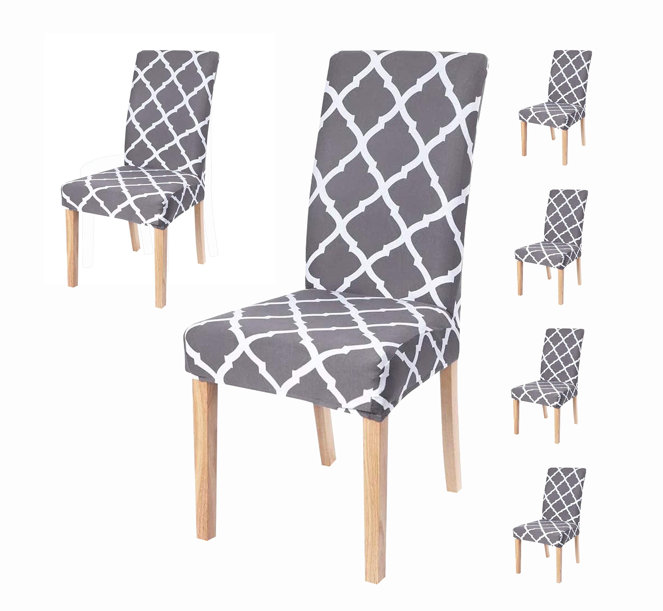 House Of Quirk Polyester Printed Elastic Stretch Removable Washable Short Dining Chair Cover (Grey Diamond) - Pack Of 6