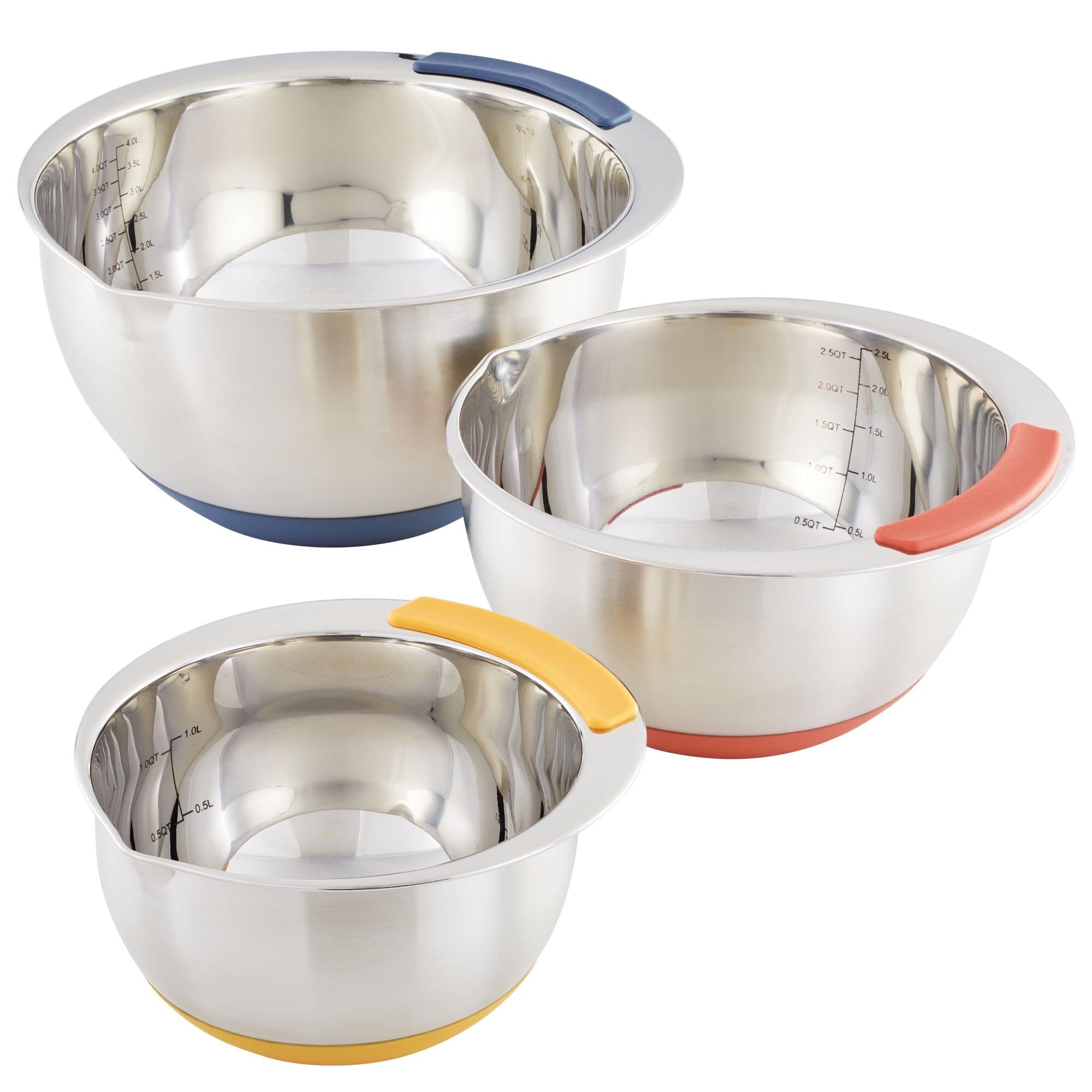 Ayesha Curry Kitchenware Pantryware Stainless Steel Nesting Mixing Bowls, 3-Piece Set, Silver With Color Accent Handles