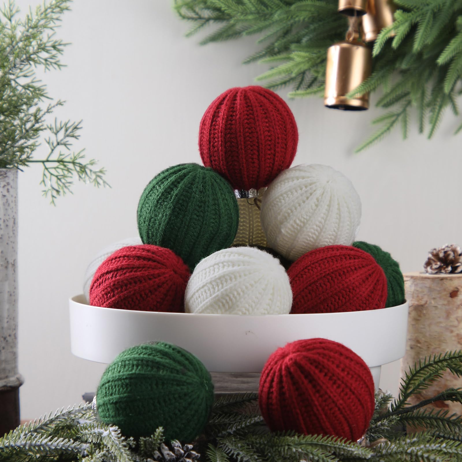 VioraWhite 12 Pcs Red and Green Christmas Ornaments, 3.15 Inch Boho Farmhouse Crochet Christmas Balls Modern Handmade Woven Knit