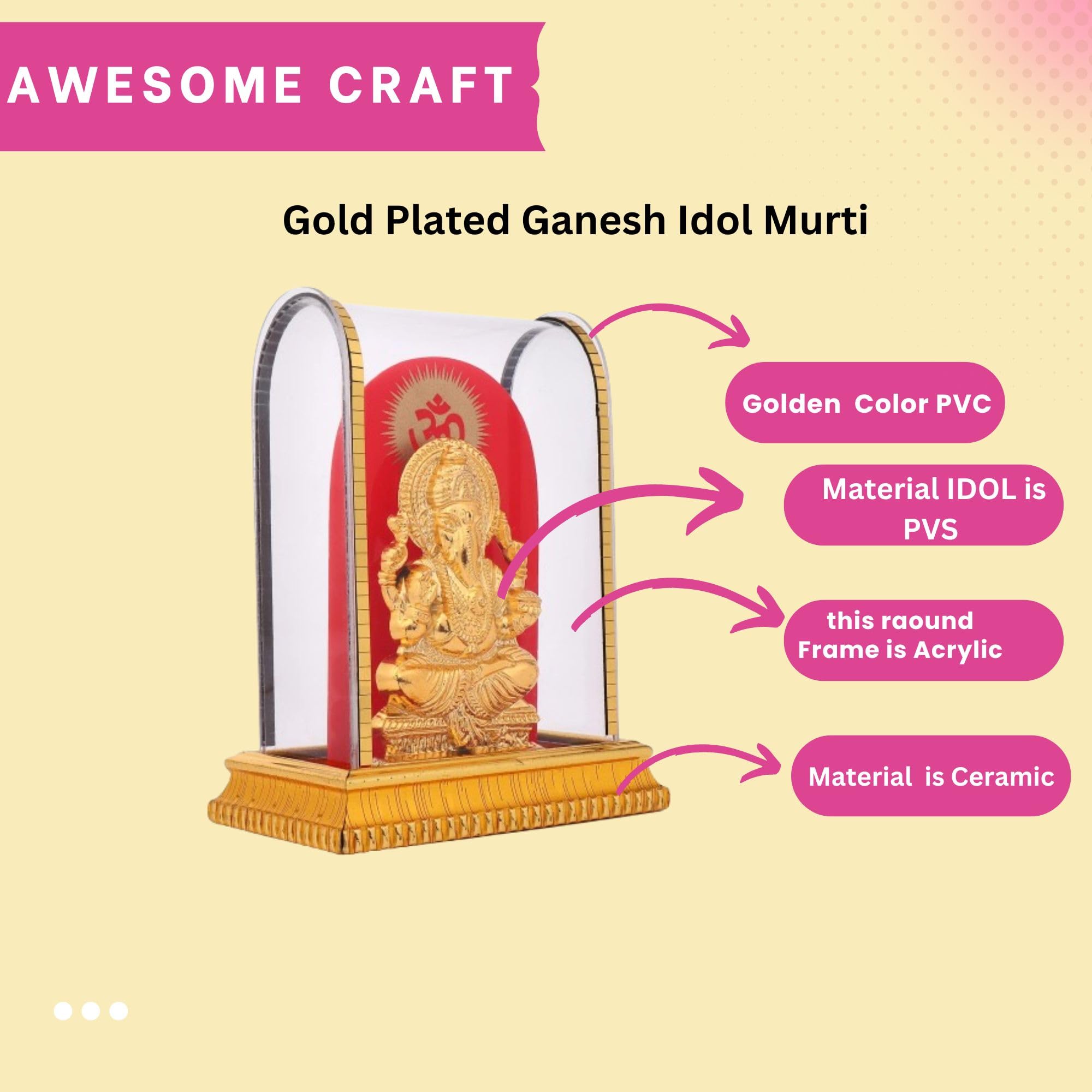 Awesome Craft Lord Ganesh Idol In Acrylic Glass Box For And Figurine Showpiece Decorative Showpiece - 12.5 Cm, Gold, Religious