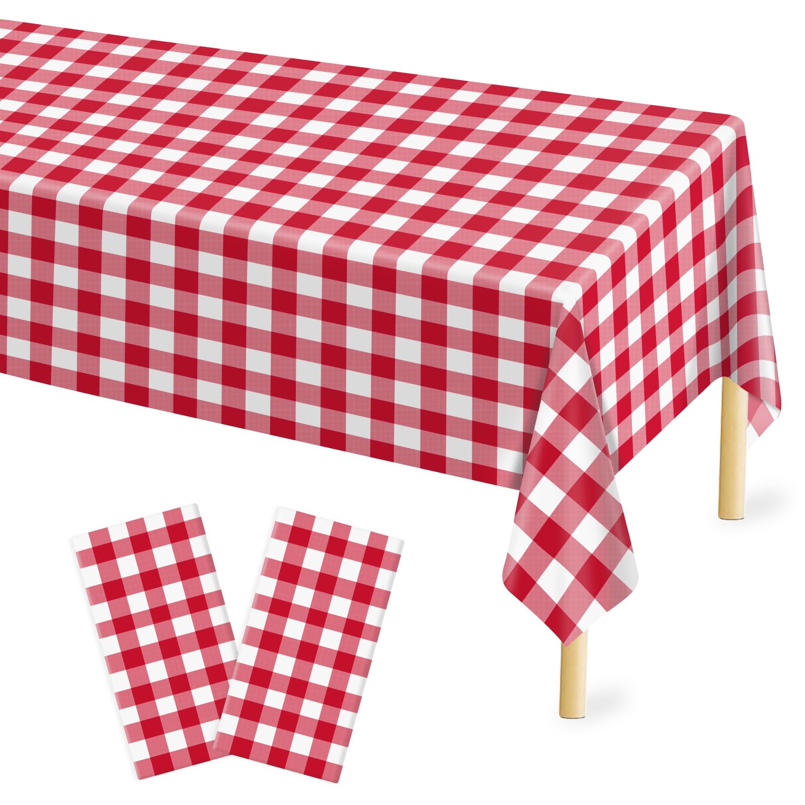 Mulbozy 2 Pcs Red and White Checkered Tablecloth, 54    108 inches Disposable Red Plaid Table Covers Plastic Gingham Tablecloth 