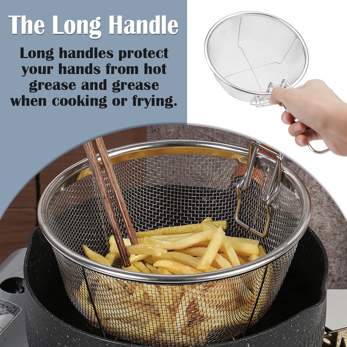 Stainless Steel Drain Basket, Multifunctional Foldable Deep Fry Basket - Round Wire Mesh French Chip Frying Serving Food Present