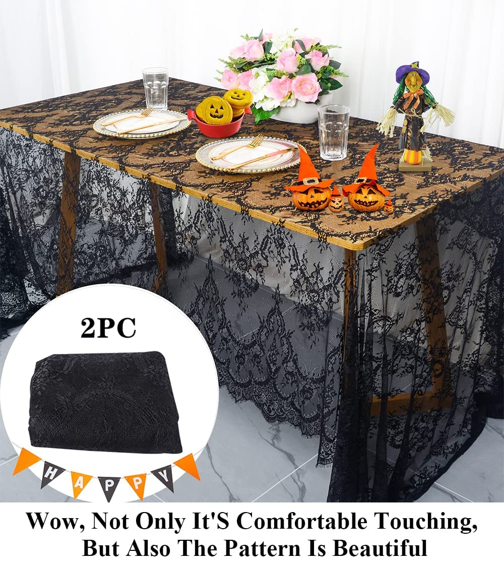 Vintage-Lace-Tablecloth 60X120-Inch 1 Pack Black Lace Rectangle Tablecloth Lace Boho Print Tablecloth Lace Overlay Tablecloth La