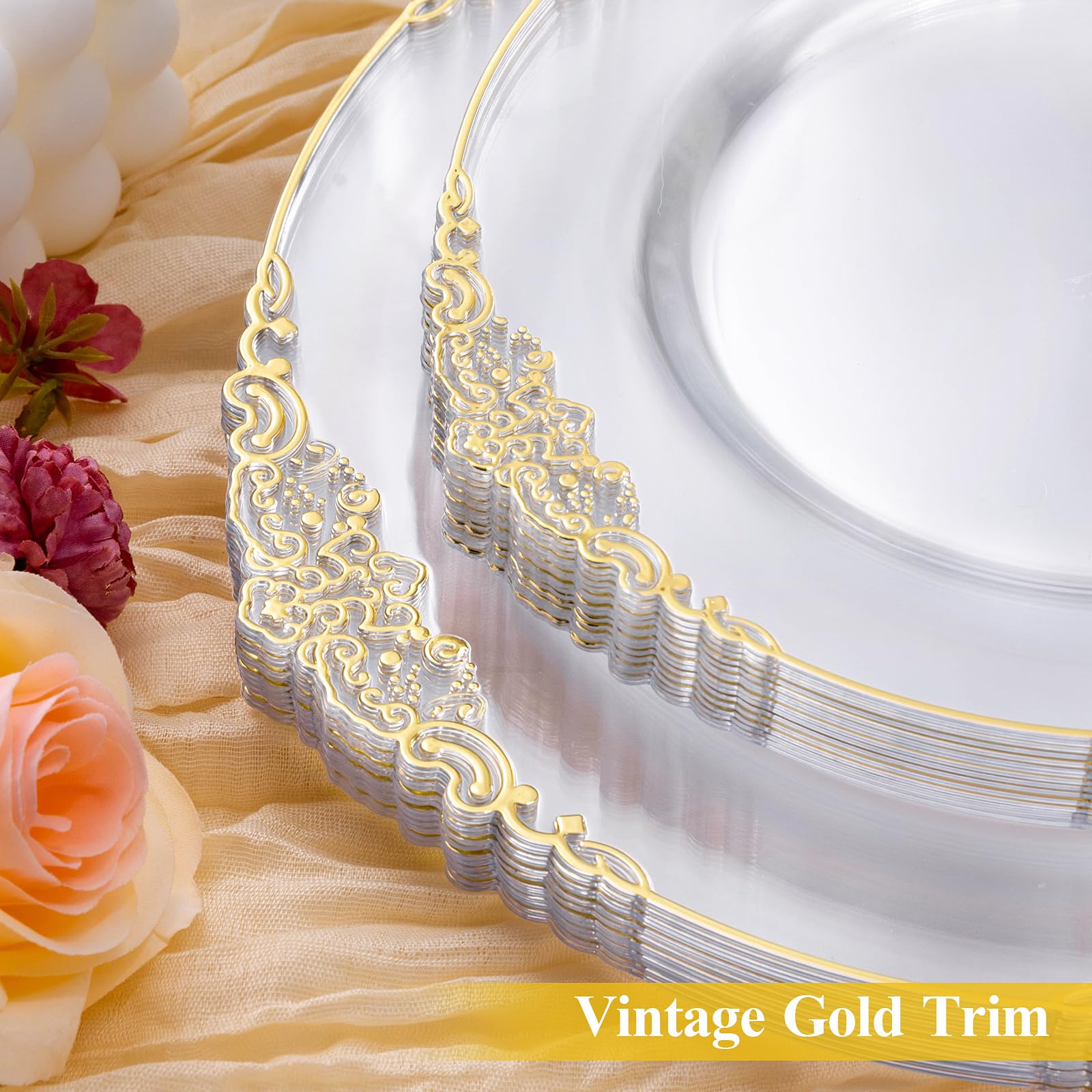 200 Pcs Clear And Gold Plastic Plates For 100 Guests, Elegant Clear Disposable Plates With Gold Rim, Include 100 Pcs Dinner Plat