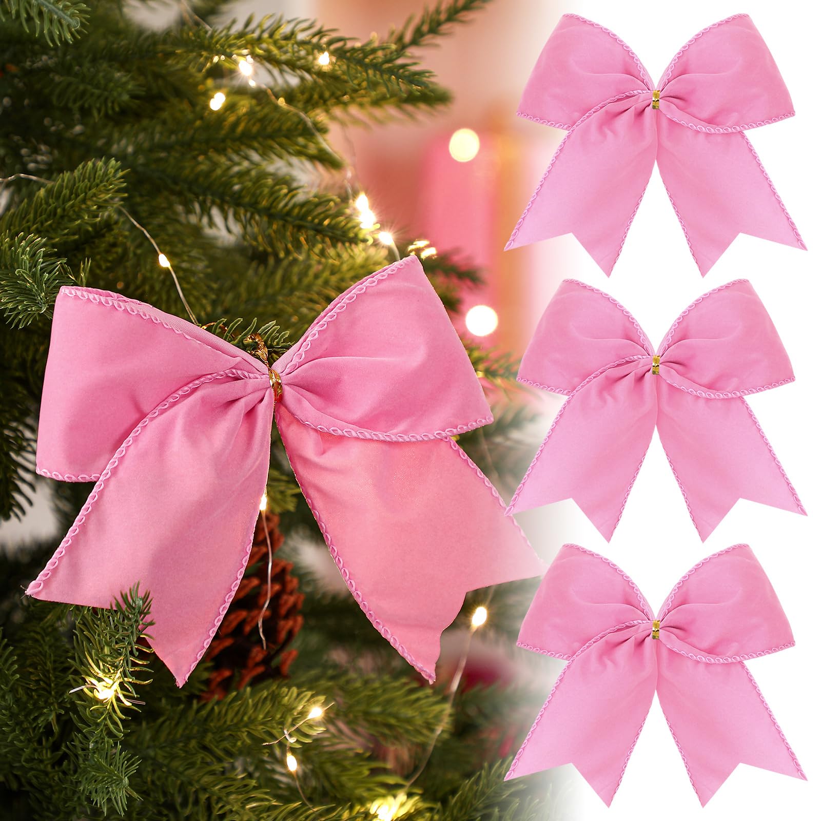 Janinka 12 Pcs Pink Christmas Velvet Bows 6 Inch Rustic Wreath Gift Bows Vintage Xmas Velvet Ribbon Bow Ornaments for Xmas Farmh
