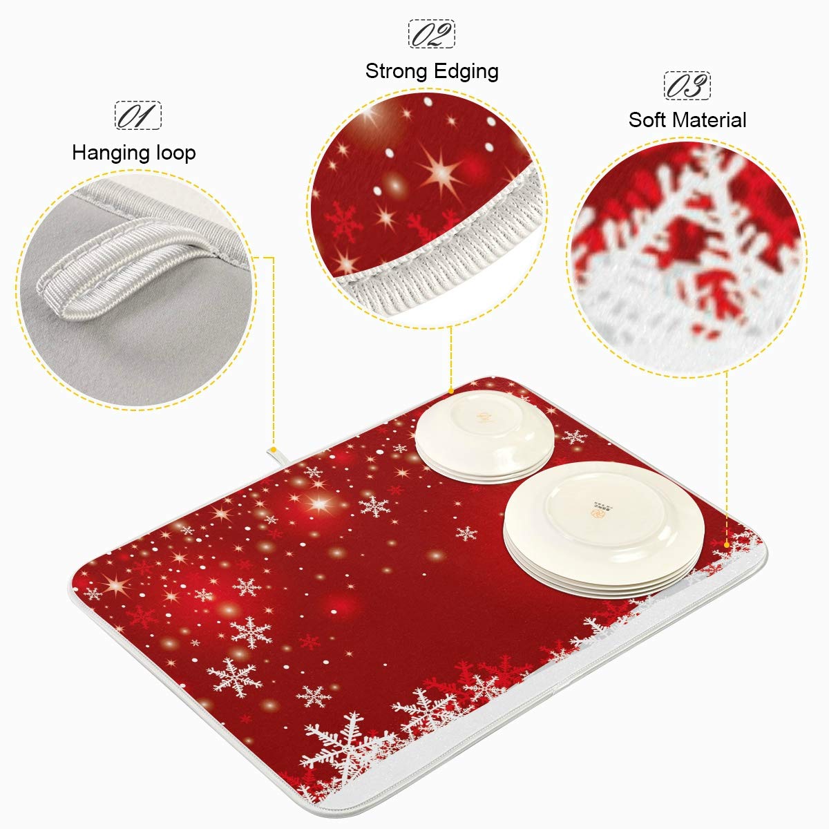 Christmas White Snowflake On Red Background Dish Drying Mat 16x18 inch Dish Drainer Kitchen Counter Mats Bottles Dish Dry Pad Protector for Kitchen Countertops
